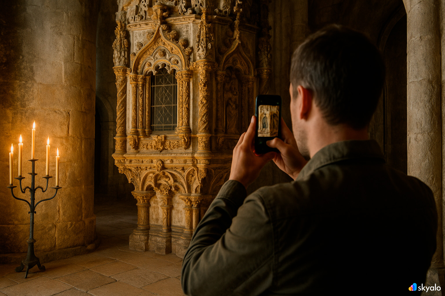 Tourist photographing the Charola in Tomar’s Convent of Christ; warm shadows and carved capitals