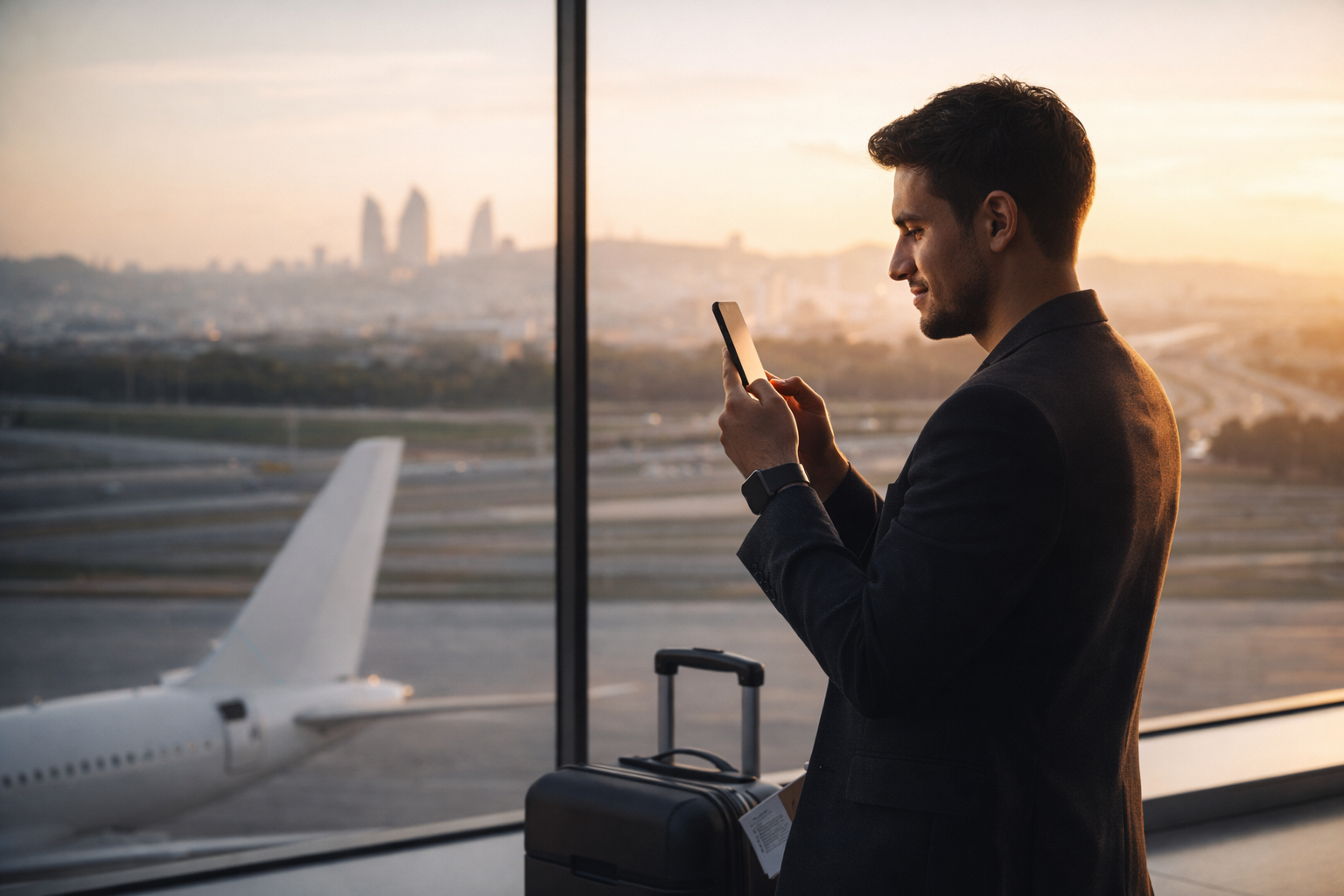 A young traveler at Baku airport at dawn stands by a panoramic window overlooking the runway and the silhouette of the Flame Towers, holding a smartphone; the screen softly lights his face, with a minimalist suitcase and boarding pass nearby.