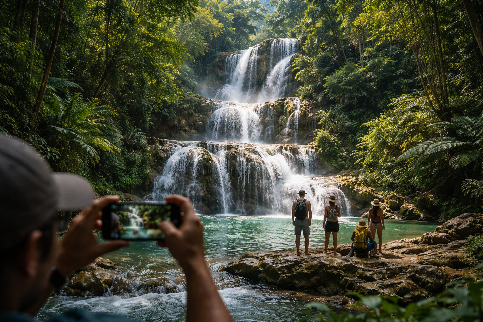 Multi-tier YS Falls waterfall, tourists mid-frame taking photos on smartphones