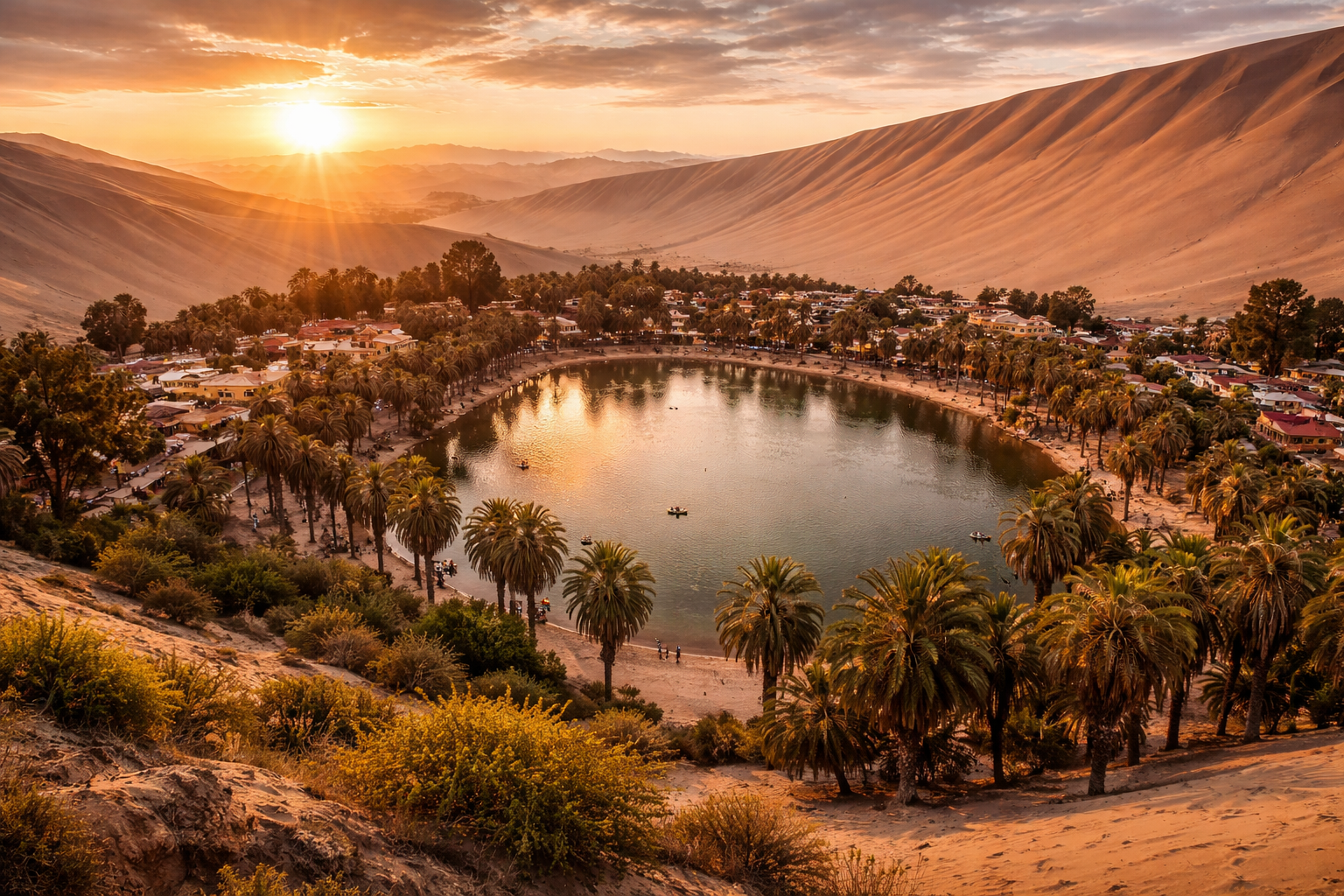 Oaza Huacachina pośród ogromnych wydm pustyni Peru