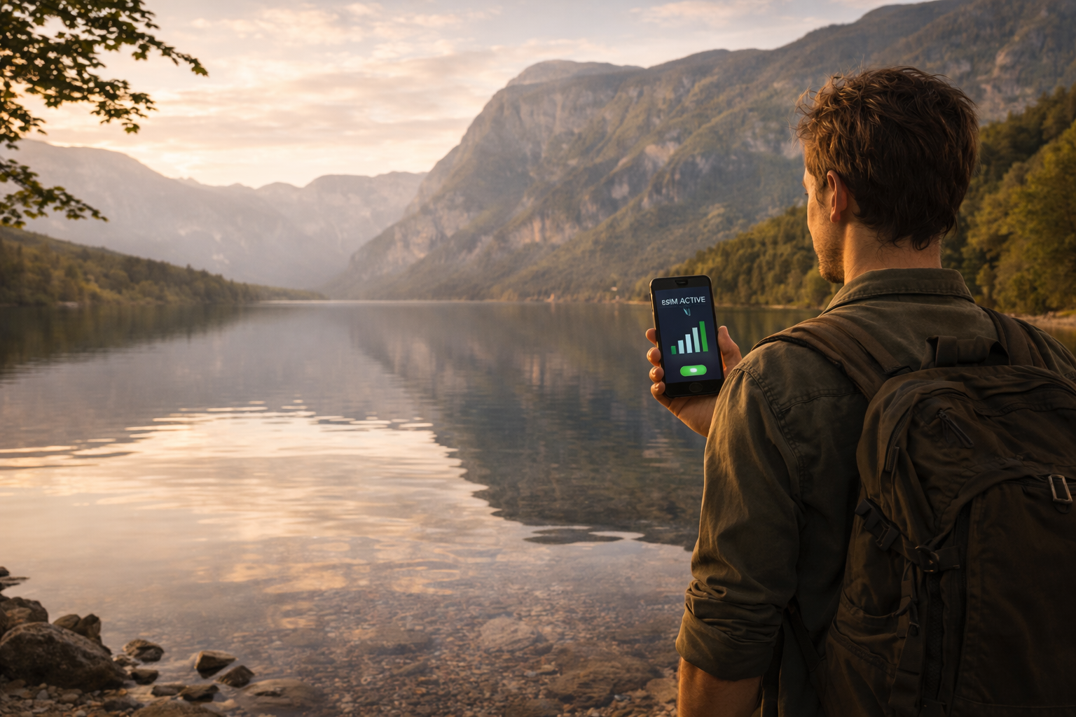 אגם בוהין בסלובניה עם הרים, מים שקטים וטיול עם סמארטפון עם eSIM פעילה על רקע טבע