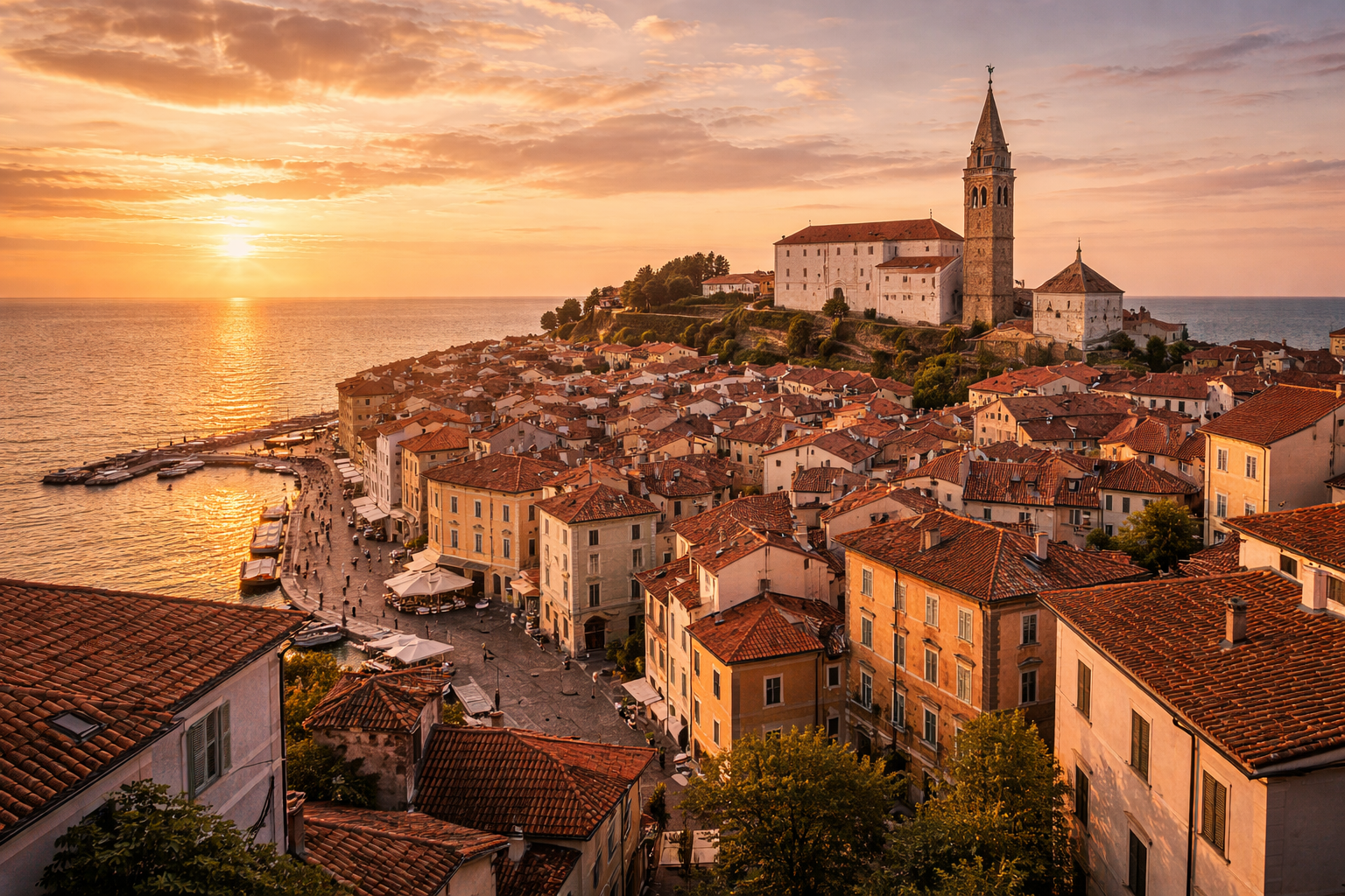 פיראן בסלובניה עם ים, עיר עתיקה ואדריכלות ים-תיכונית