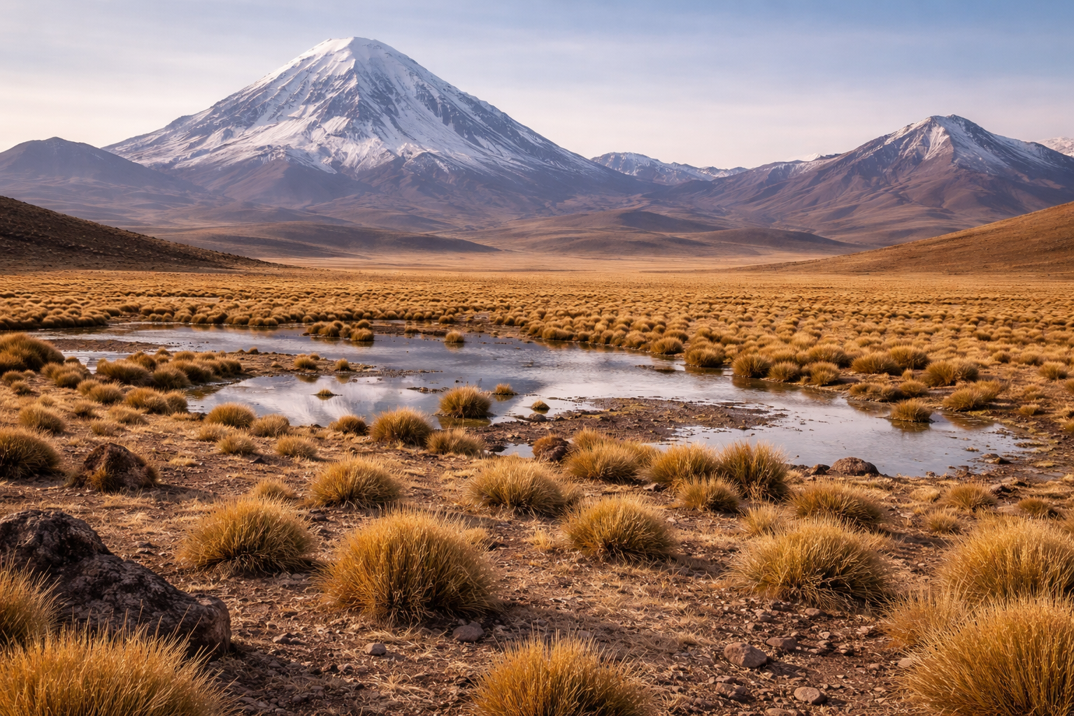 הפארק הלאומי סחאמה בבוליביה עם פסגה געשית, מישור בגובה רב ונוסע במהלך עצירה במסלול.