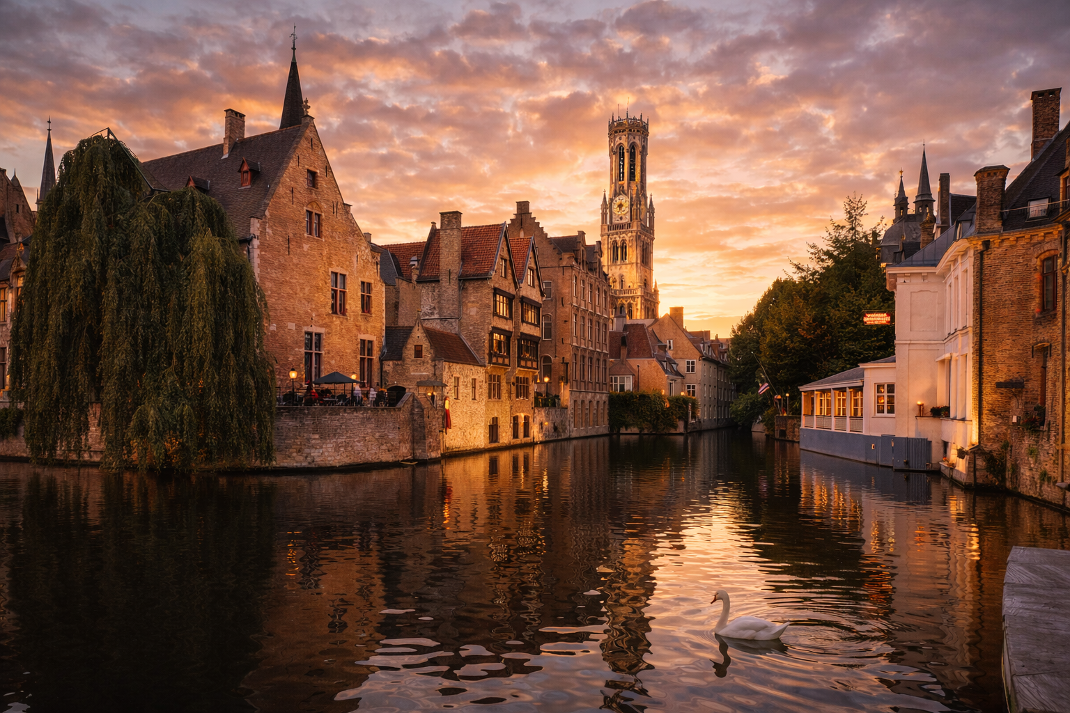 Canali medievali e case nella città di Bruges, in Belgio