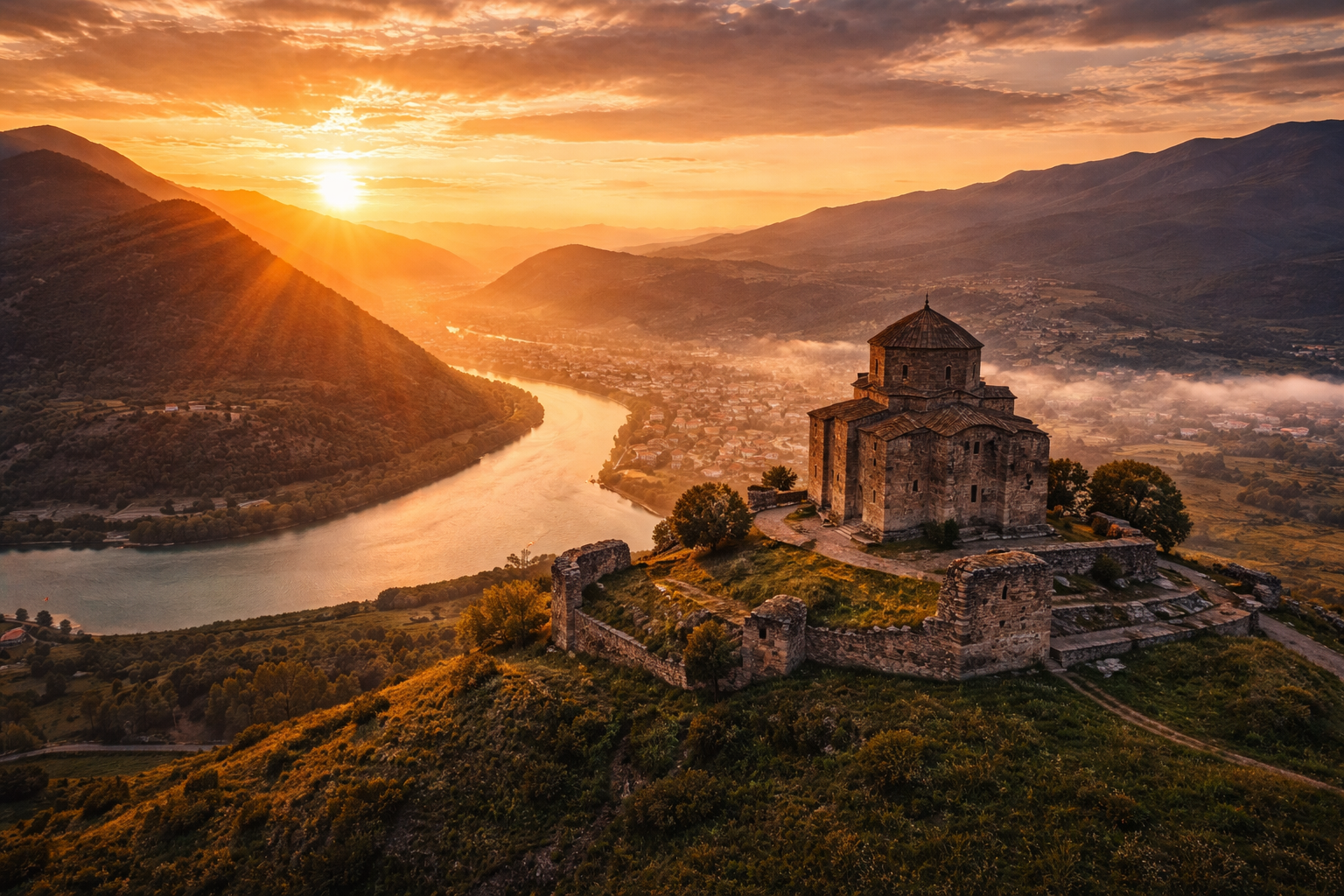 Monasterio de Jvari en Mtsjeta con la confluencia de ríos al fondo - lugar histórico de Georgia con eSIM