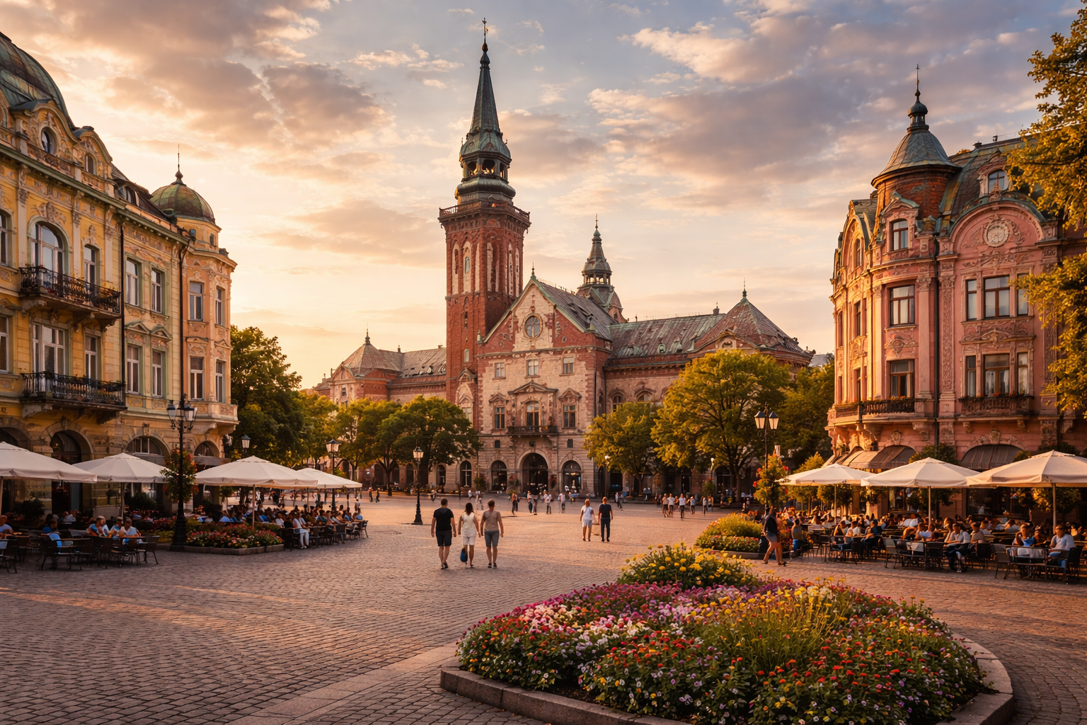 The historic center of Subotica with Art Nouveau architecture.