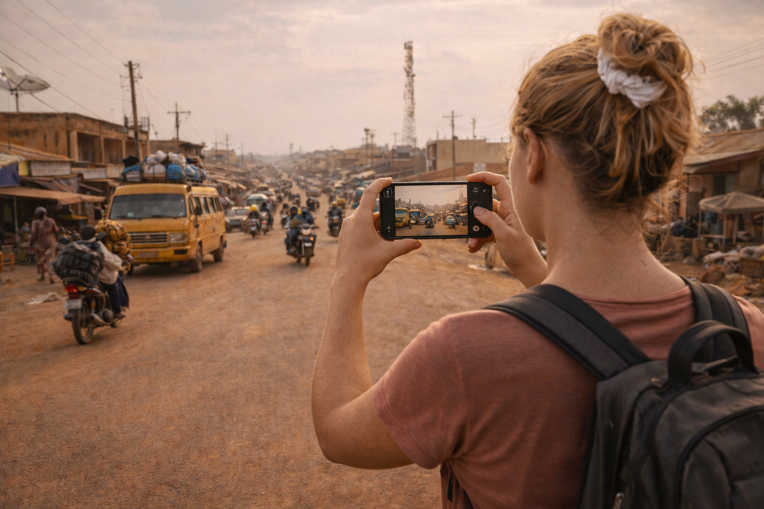 קנדי בבנין עם כבישים, בנייה מקומית, נוף צפוני יבש ומטייל עם סמארטפון עם eSIM פעילה