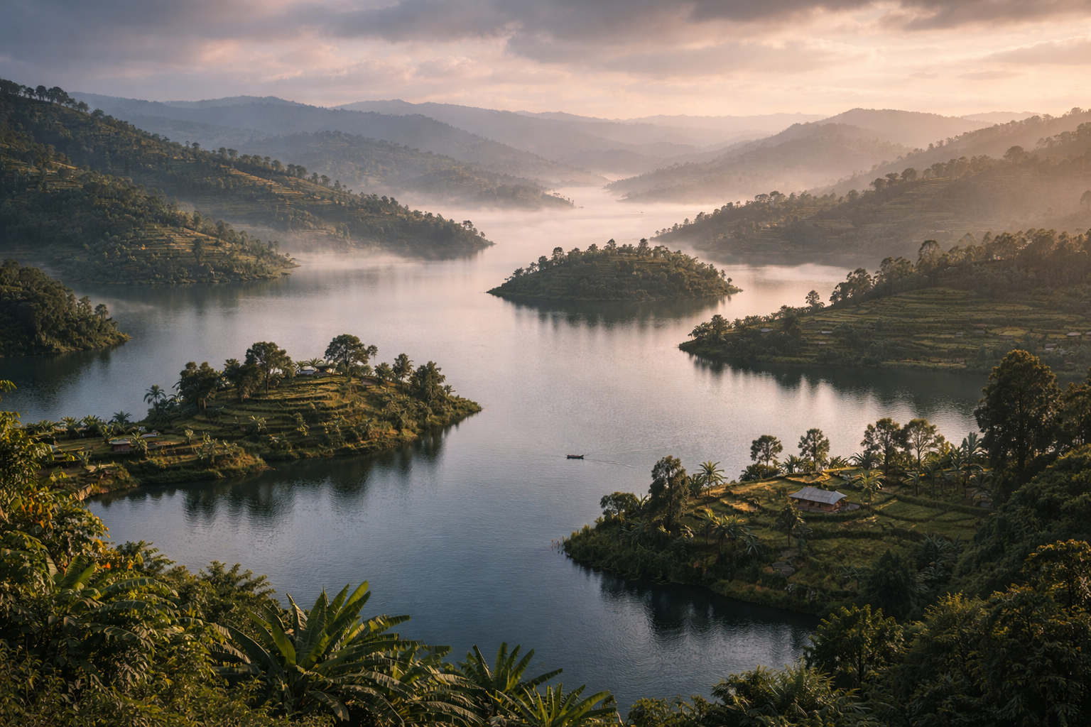 Tasik Bunyonyi di Uganda dengan pulau kecil, suasana berkabus, bukit dan pemandangan alam yang tenang dan indah
