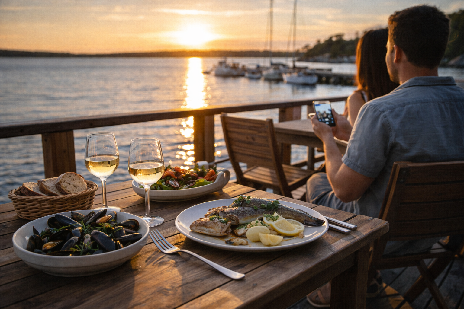 A seafood dinner in a restaurant on Föglö with a view of the Baltic Sea and an eSIM-enabled smartphone