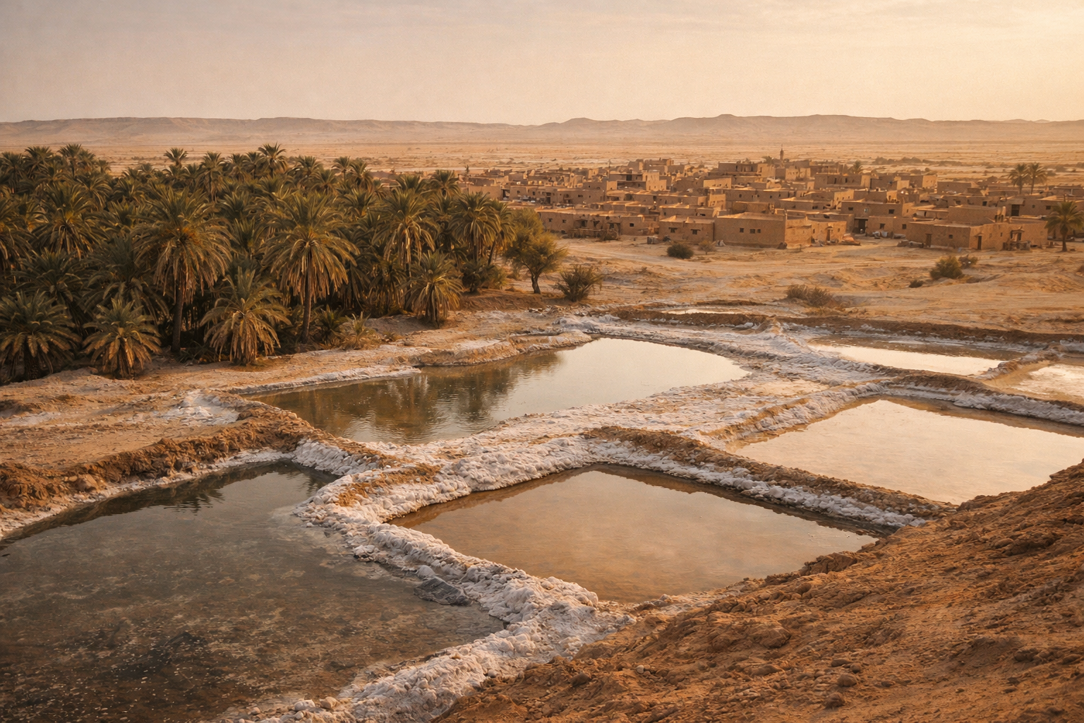 נאת המדבר בילמה בניז'ר עם עצי דקל, בריכות מלח, ארכיטקטורה מדברית ואור חם של הסהרה.