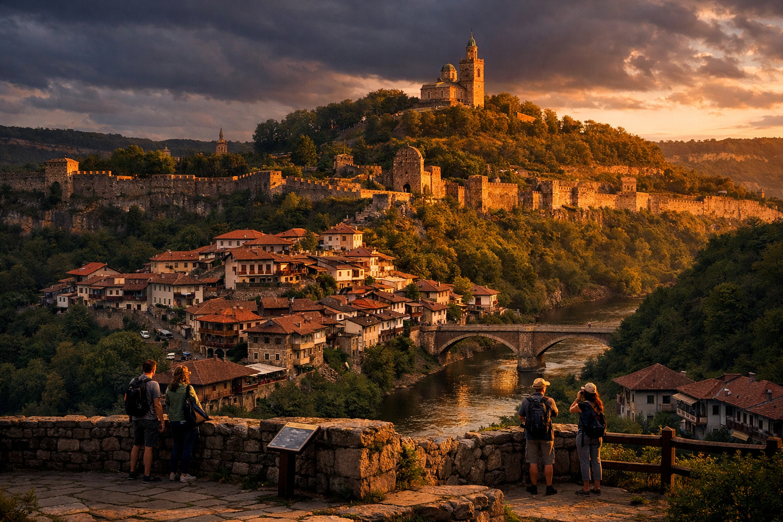 Tsarevets Fortress in Veliko Tarnovo and tourists exploring the city with eSIM internet