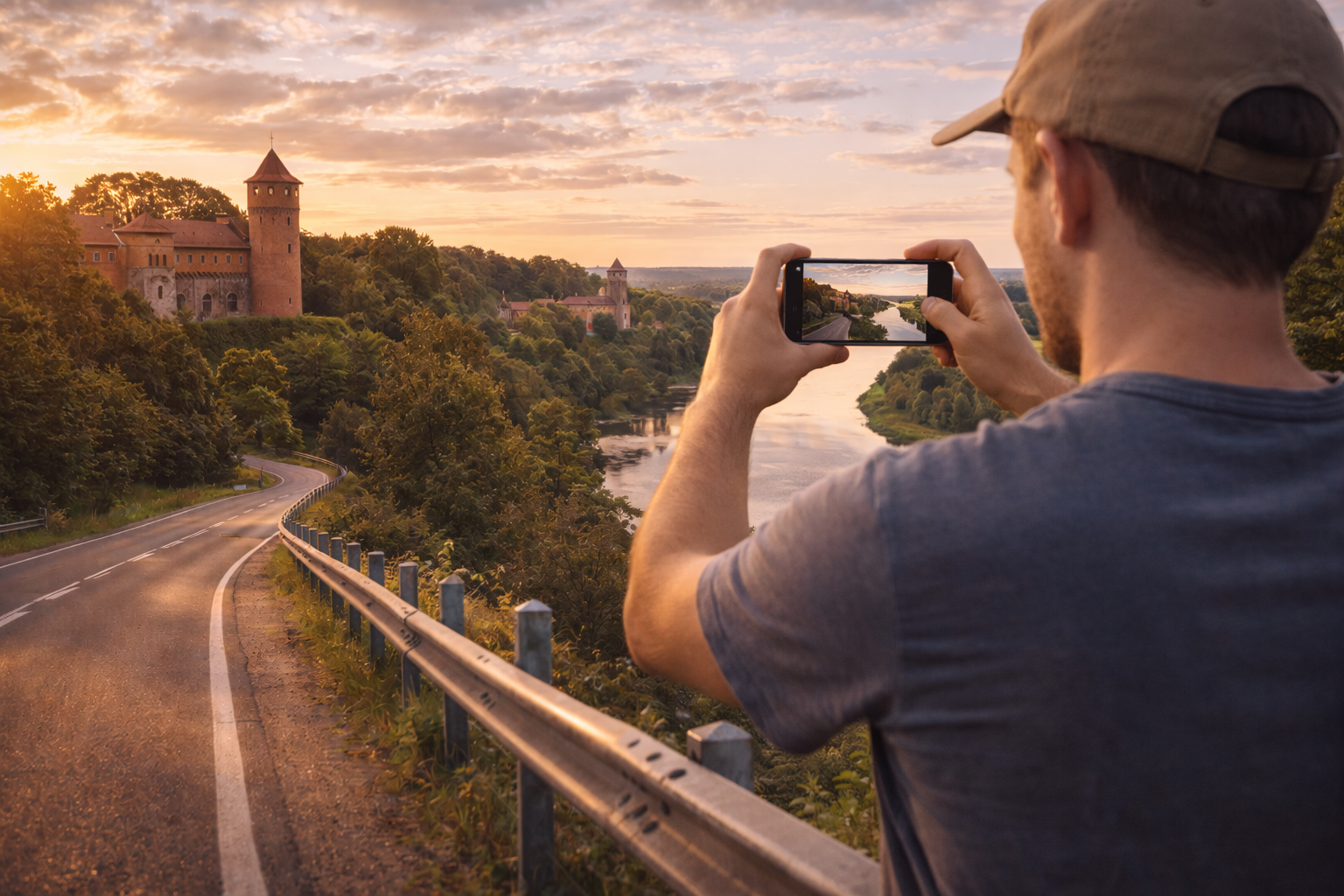 Panemunė Castle on the Nemunas River and a traveler with a smartphone with an eSIM connected