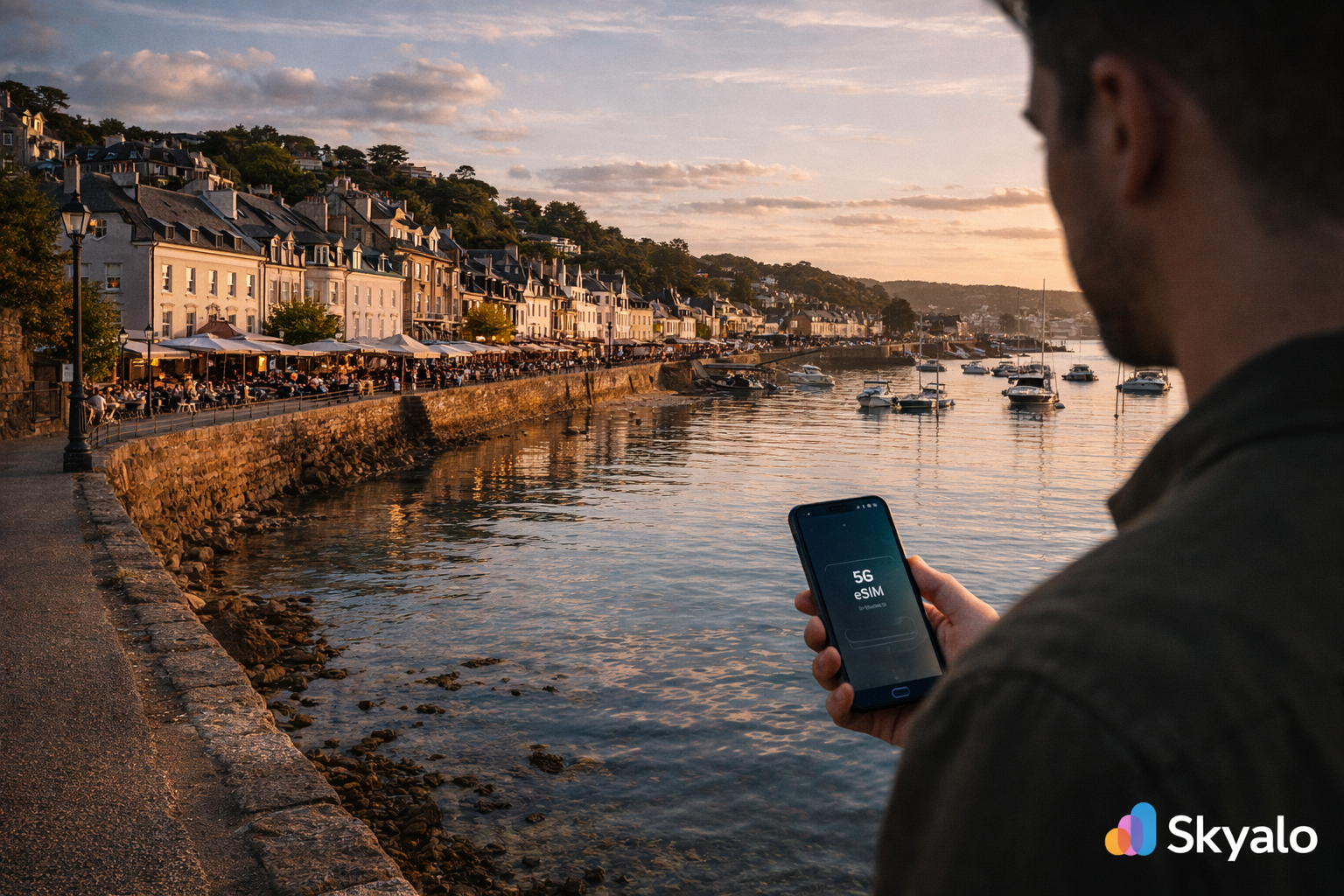 סנט אובין בג'רזי עם טיילת נעימה, סירות במרינה, מסעדות על המים ומטייל עם סמארטפון עם eSIM פעילה.