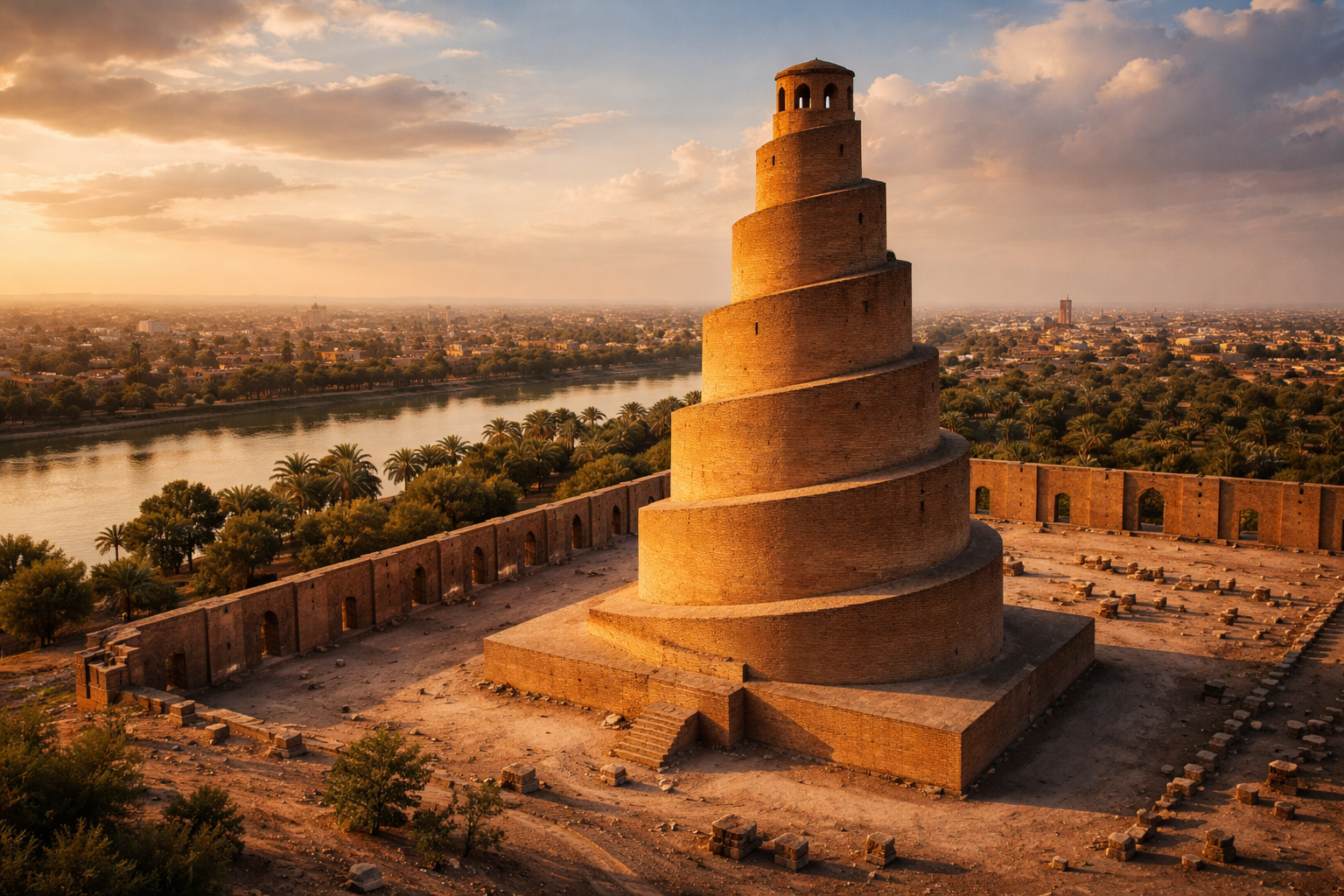 El minarete en espiral de Samarra en Irak - una obra arquitectónica única entre edificios históricos
