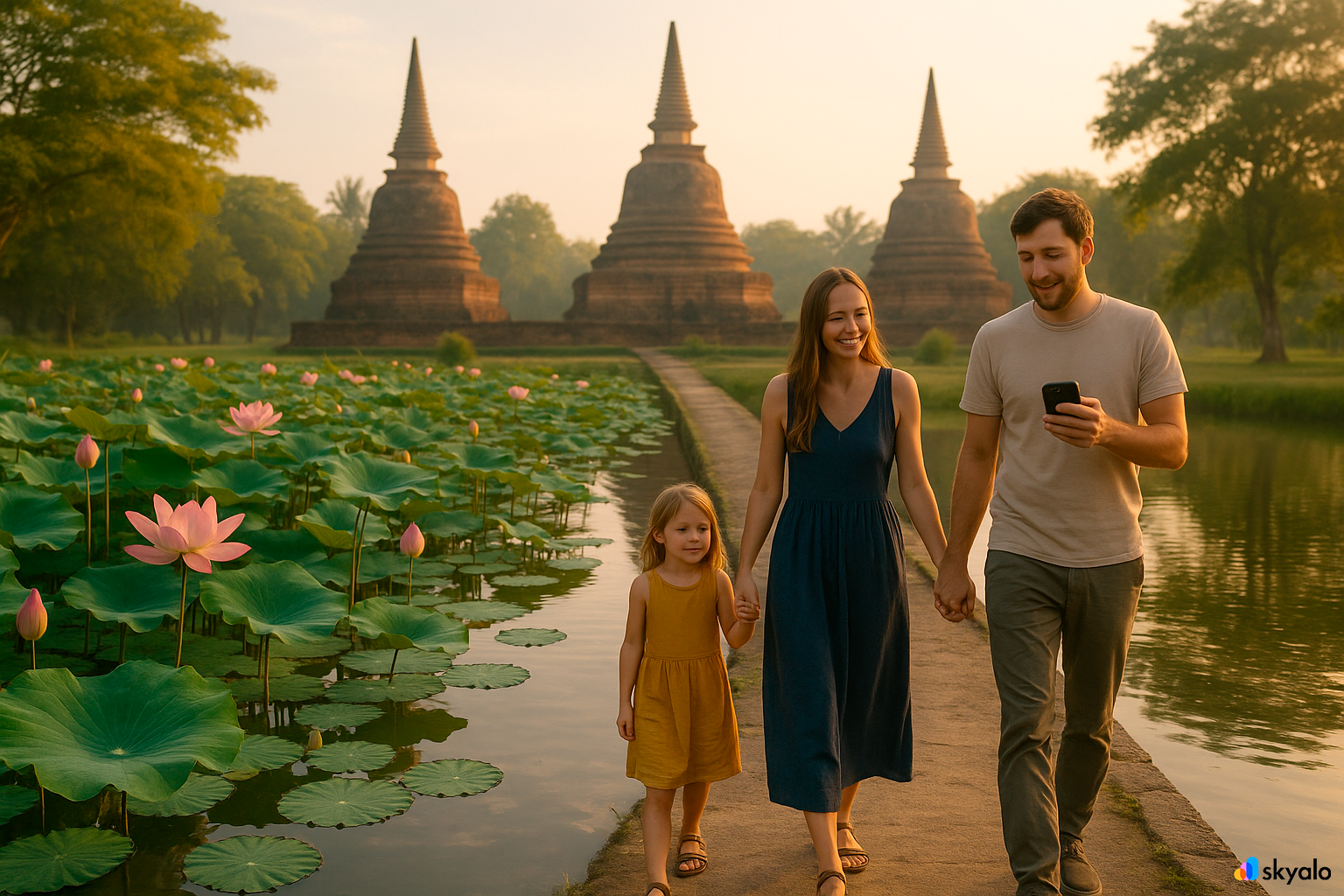 A family admires ancient stupas — the slow rhythm of Sukhothai