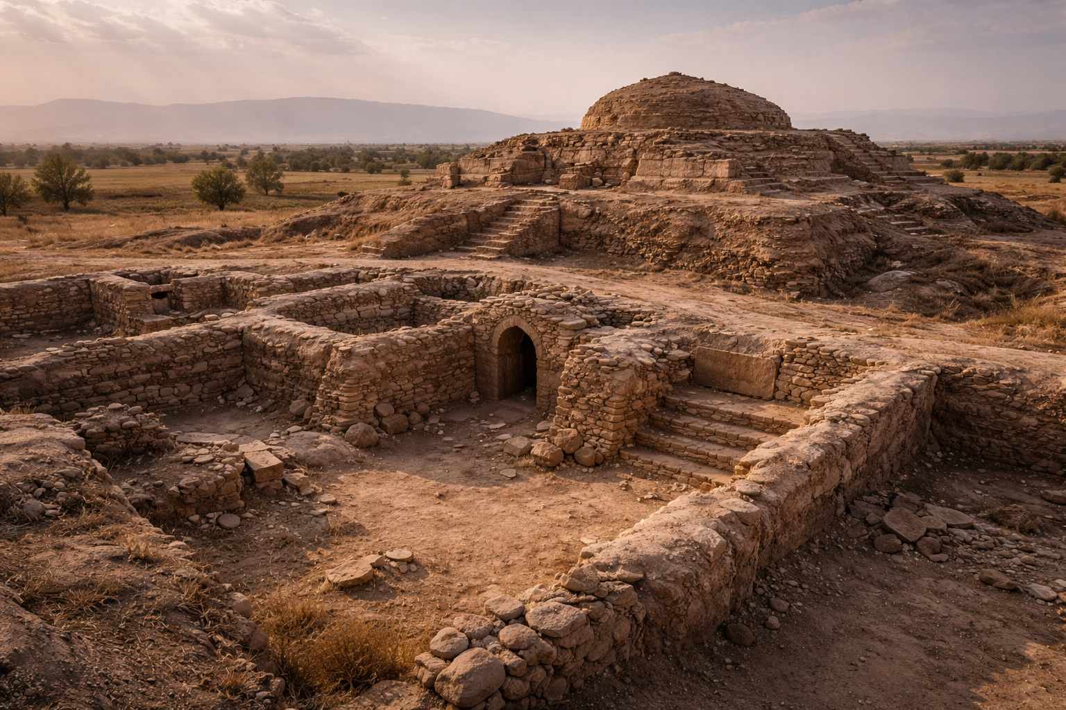 אג'ינה-טפה בטג'יקיסטן עם שרידים ארכיאולוגיים עתיקים, נוף פתוח ואור טבעי חם.