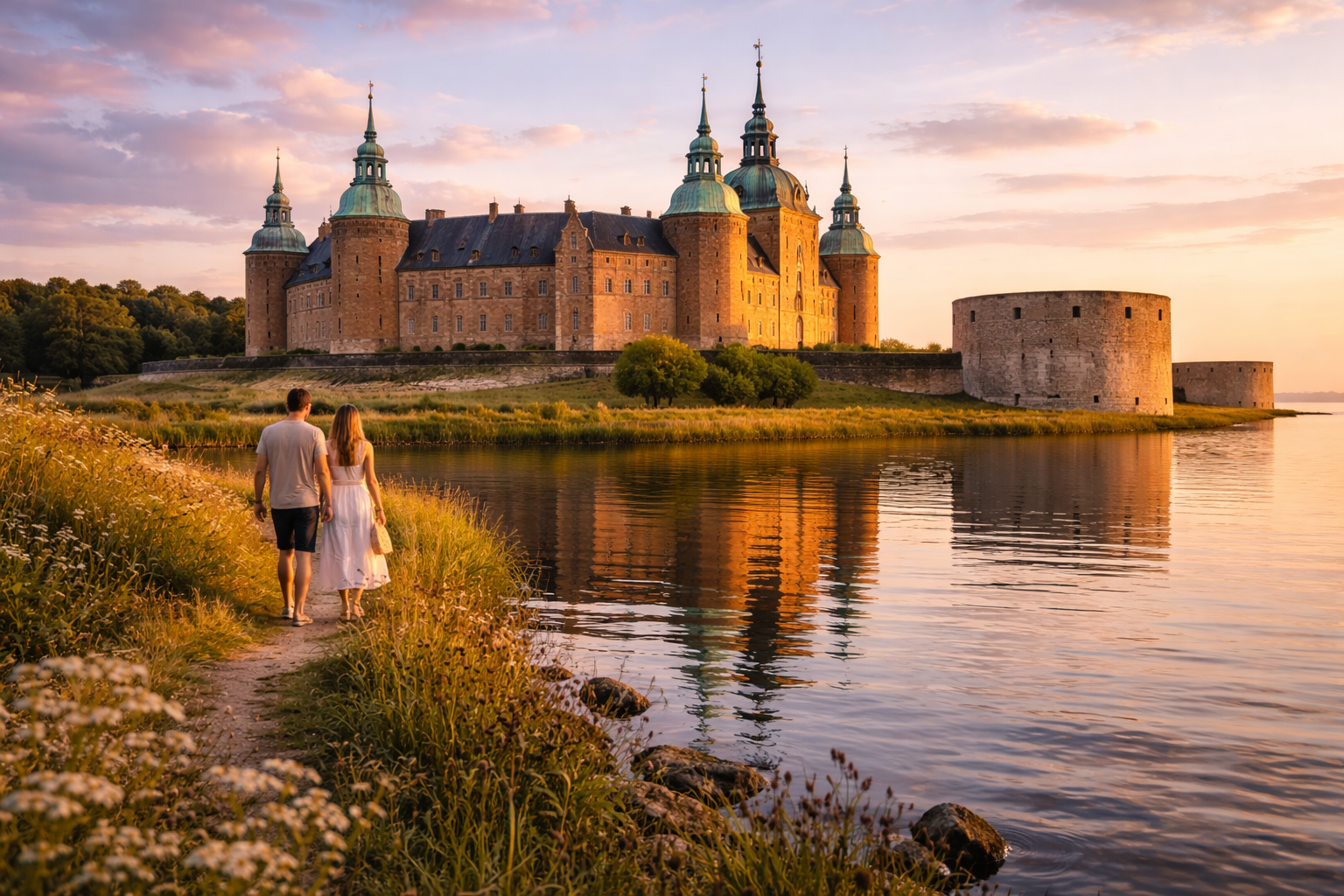 Kalmar Castle at sunset, and tourists