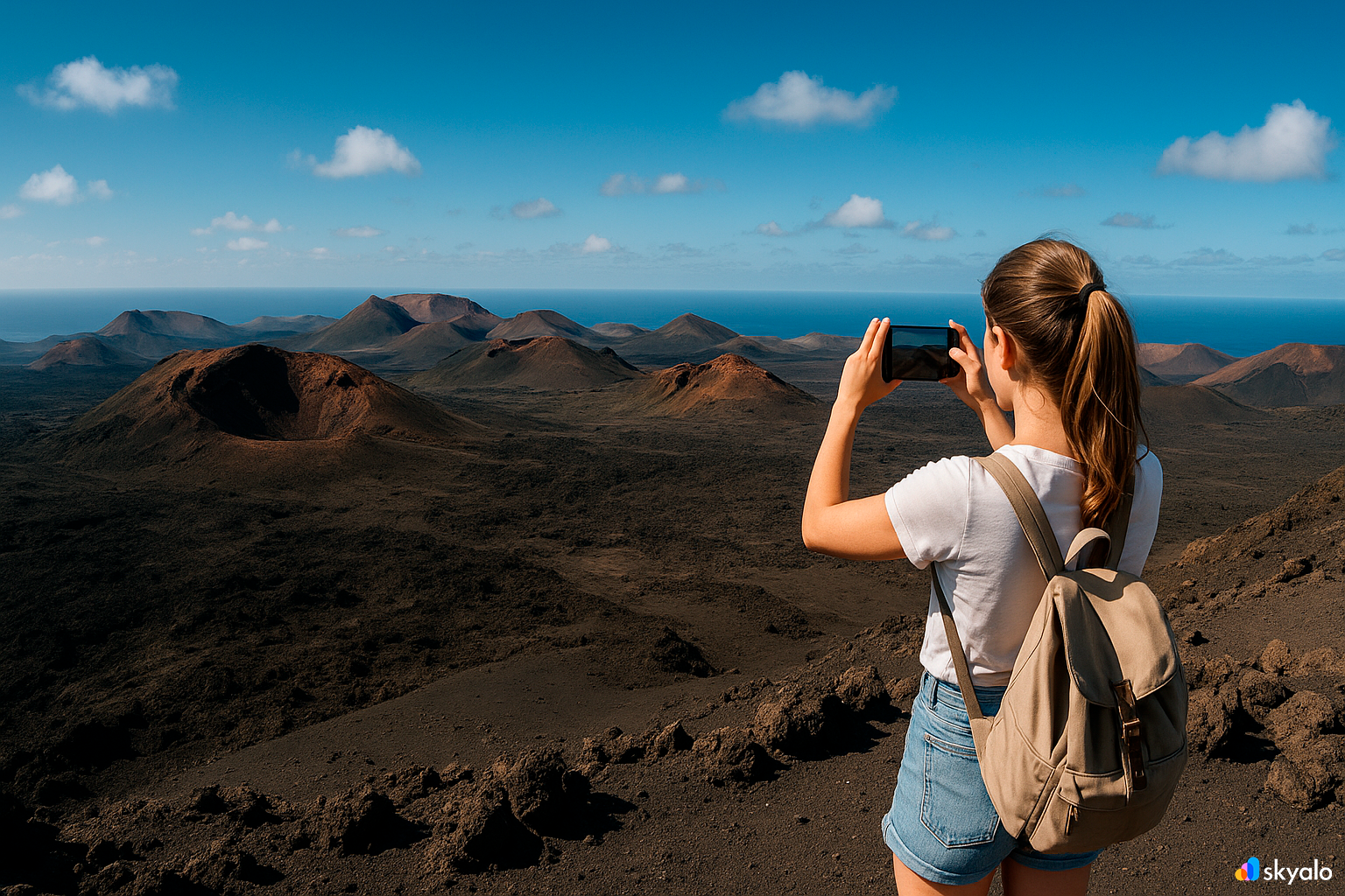 Lava fields and craters of Timanfaya on Lanzarote, striking contrast of black earth and blue sky