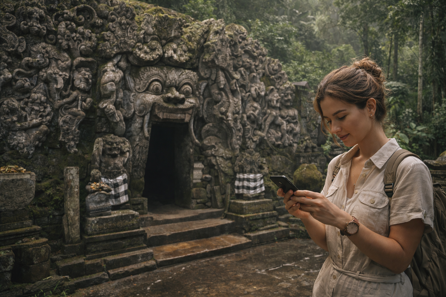 Goa Gajah Elephant Cave and a female traveler with a smartphone