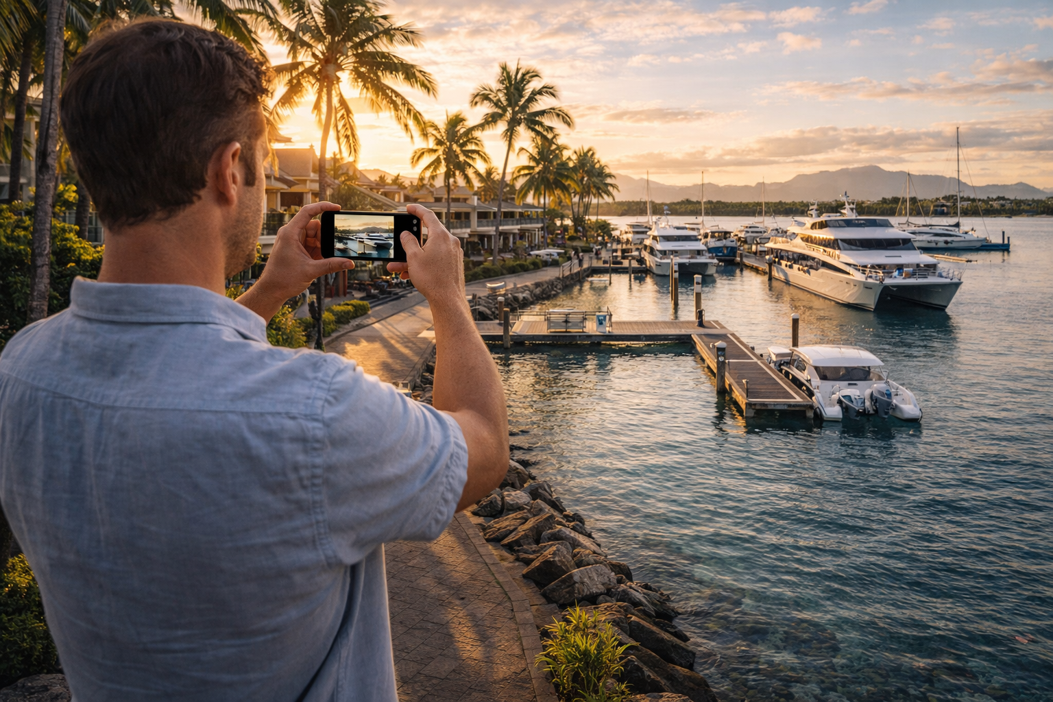 Denarau na Fidži s moderní marinou, resortní infrastrukturou, palmami, jachtami a pohodlným stylem cestování s eSIM pro transfery a komunikaci