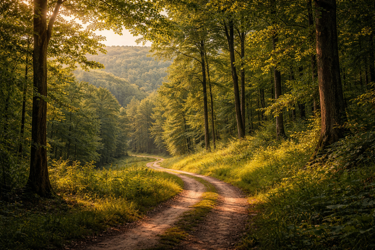 נוף יער באזור קודרה במולדובה עם גבעות ירוקות, שביל יער ואור שמש רך שחודר בין העצים.
