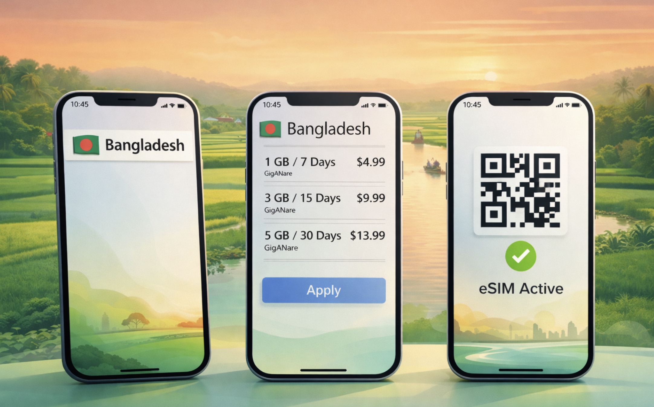שלושה סמארטפונים עם eSIM לבנגלדש על רקע שדות אורז ונהר עם סירות בשקיעה