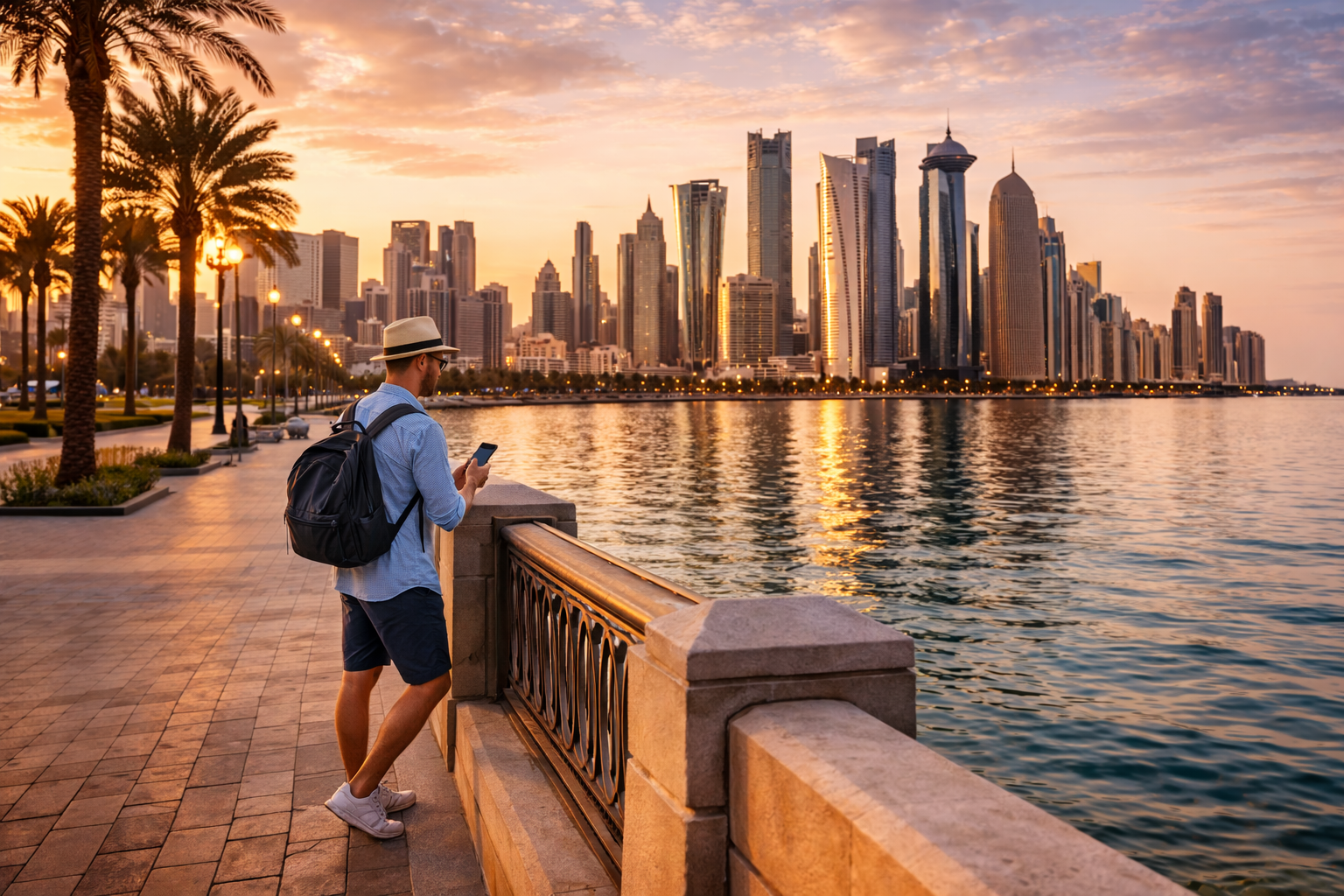 טיילת הקורניש בדוחא עם נוף ל-skyline המודרני, מי המפרץ השקטים, דקלים ומטייל עם סמארטפון שמשתמש ב-eSIM במהלך הטיול בעיר