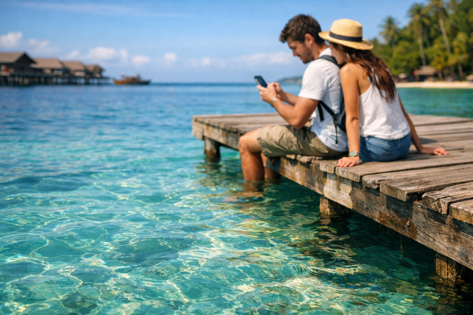 Derawan Islands and tourists with a smartphone
