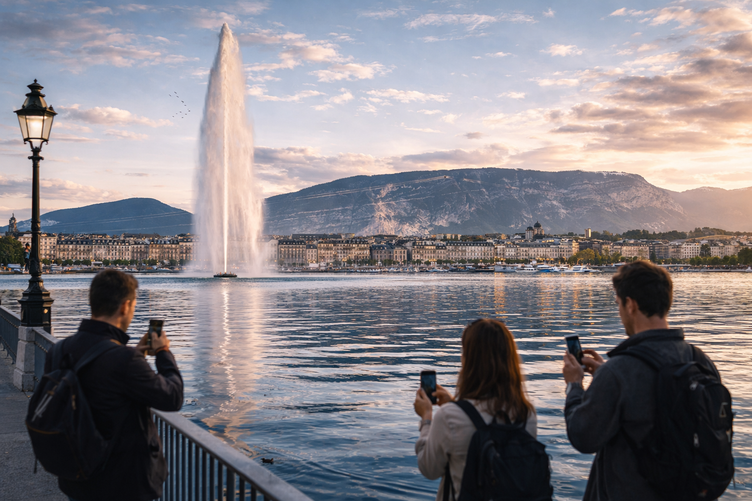 Fontanna Jet d’Eau i promenada nad Jeziorem Genewskim w Genewie