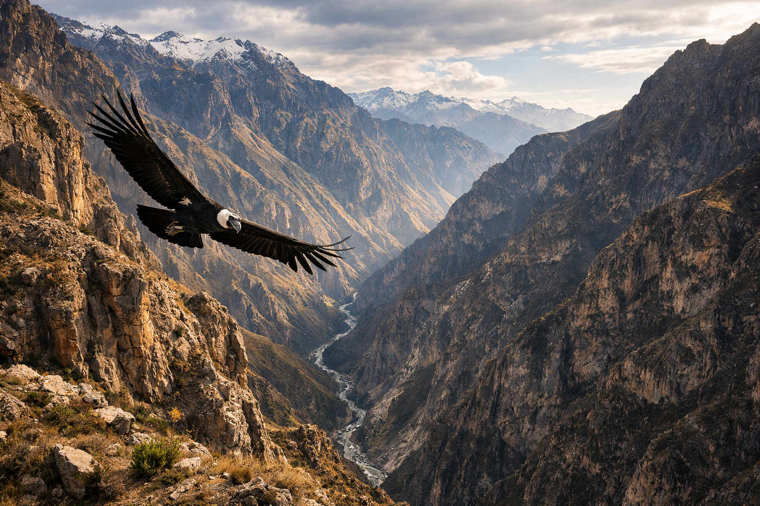 Kanion Colca z ogromnymi skałami i szybującym kondorem andyjskim