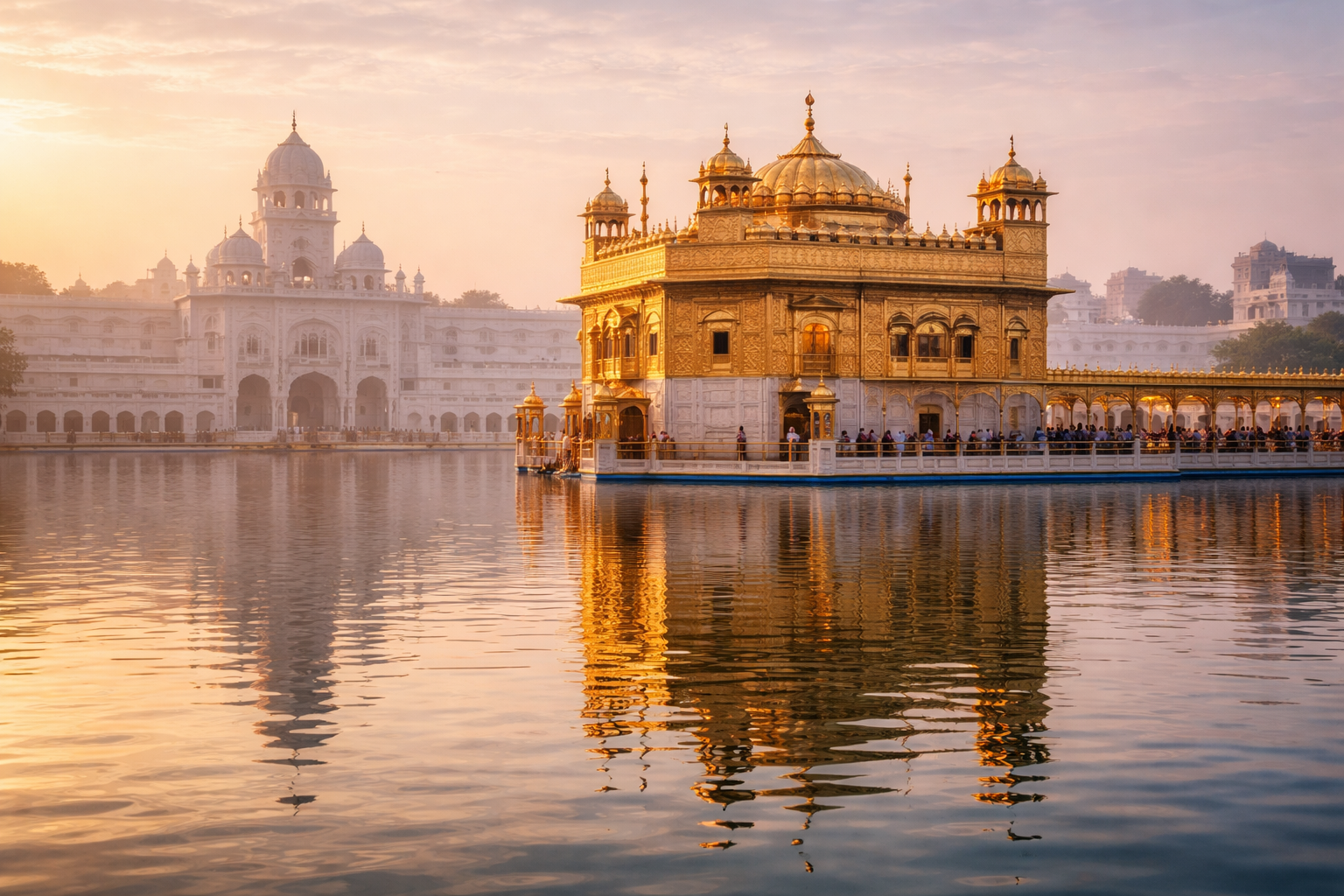 امرتسر میں طلوعِ آفتاب کے وقت گولڈن ٹیمپل، چمکتی ہوئی عمارت پانی میں منعکس، اور ہر طرف خاموش و باوقار فضا۔