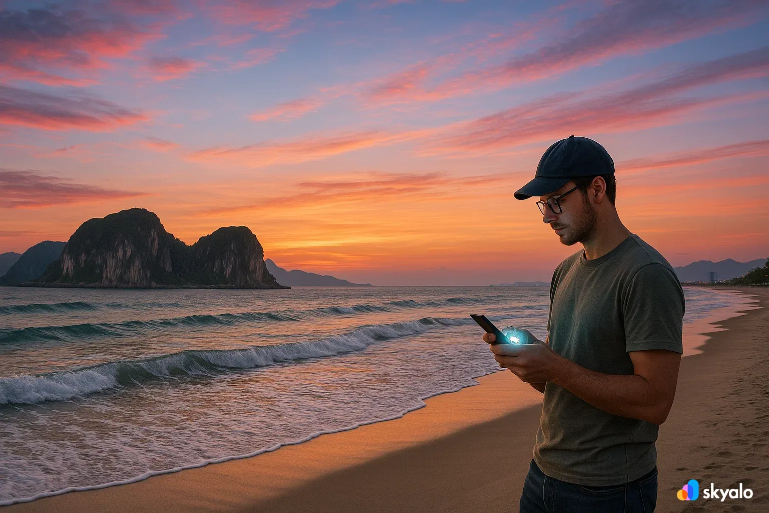 Danang coastline with Marble Mountains, traveler using eSIM to find top-rated cafés via online maps