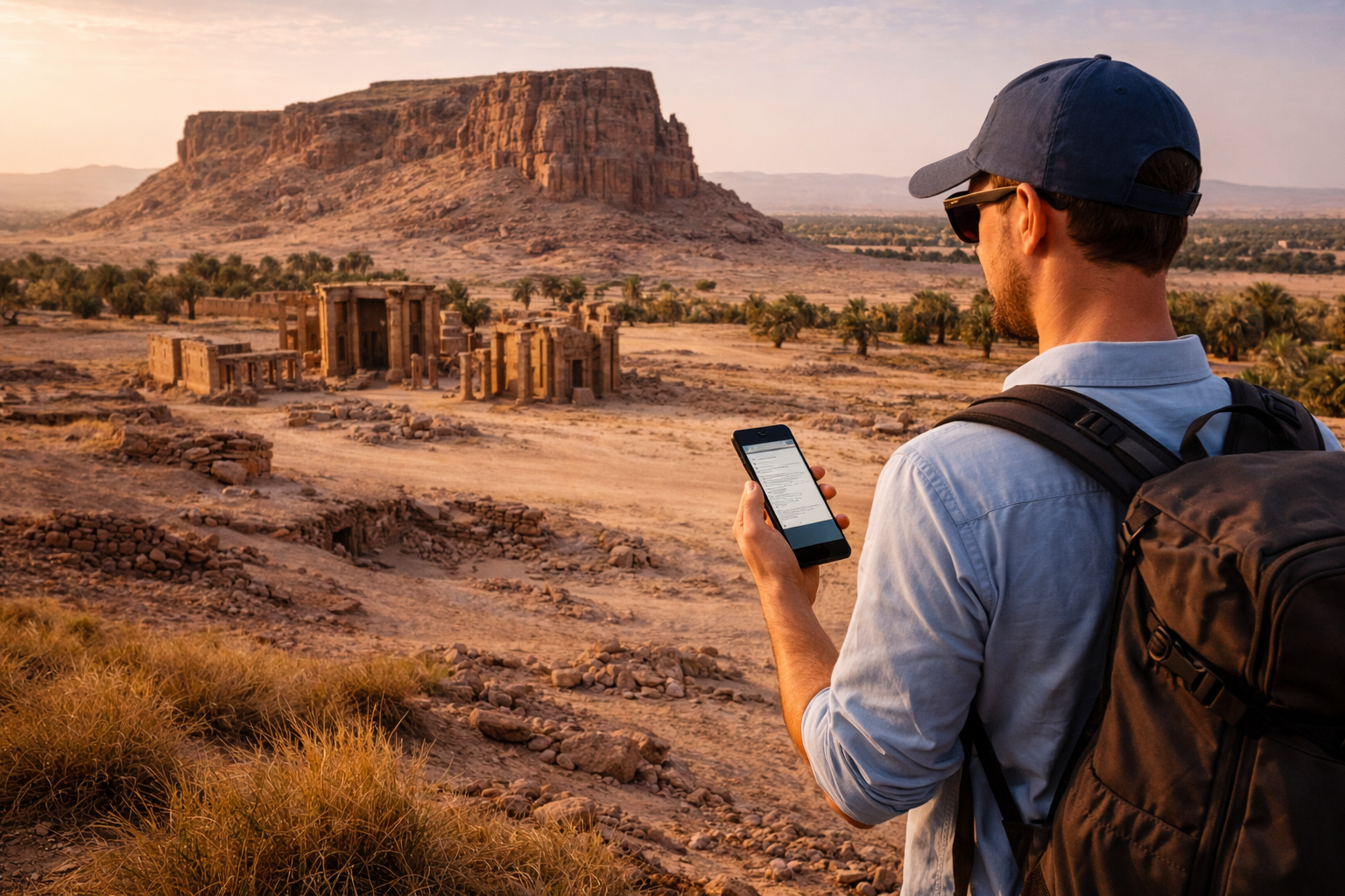 ג׳בל ברקל בסודן עם חורבות עתיקות, נוף מדברי ומטייל המשתמש ב-eSIM ליד האתר ההיסטורי.