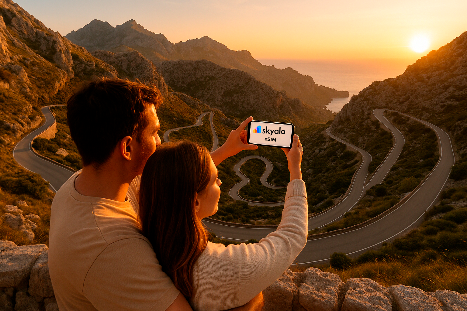 Couple photographing Serra de Tramuntana panorama in Mallorca, golden hour, route tracked via Skyalo eSIM