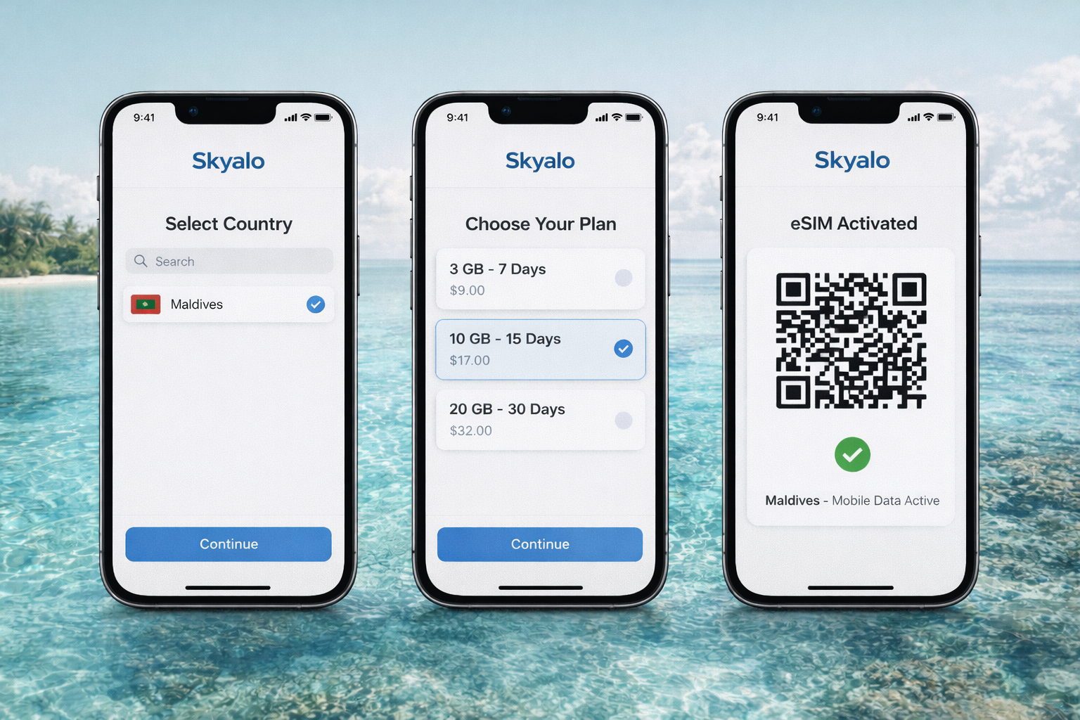 Three smartphones showing the Skyalo interface and the Maldives eSIM setup process—country selection, plan selection, and successful activation