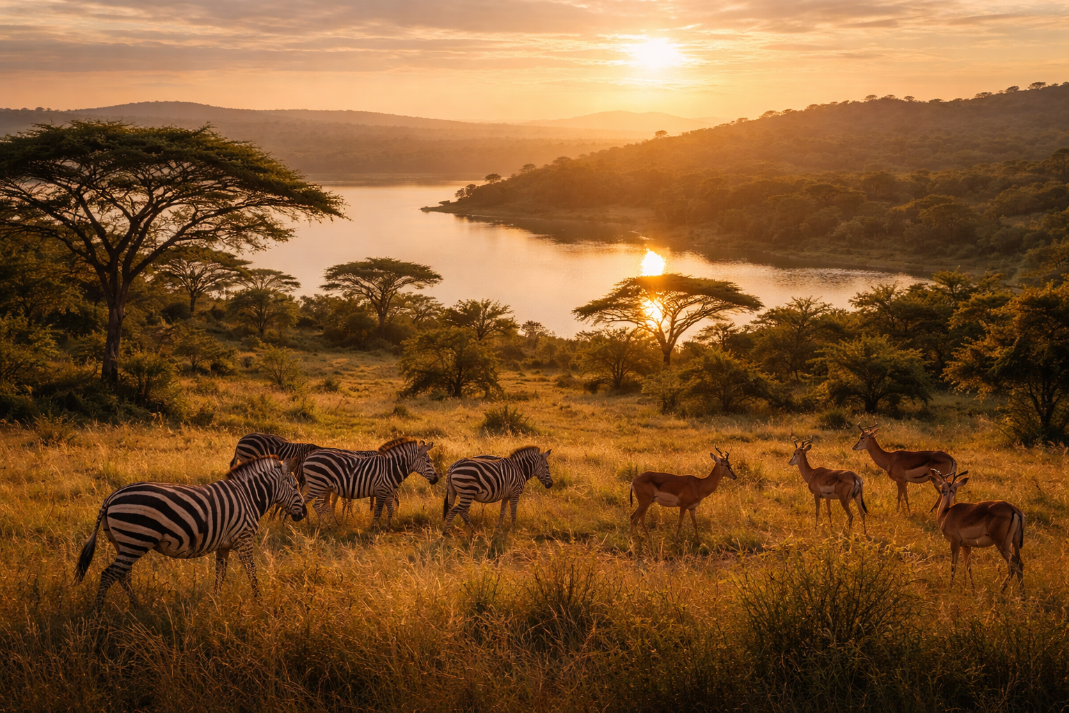 Taman Negara Lake Mburo di Uganda dengan tasik, bukit lembut, landskap safari terbuka dan haiwan liar