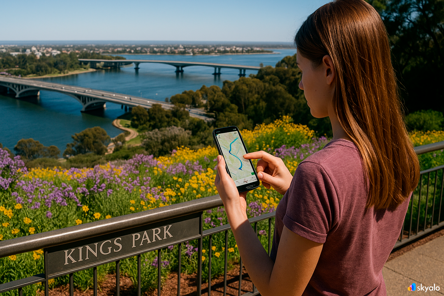 Woman on a Kings Park hill plotting a walking route on her phone; Swan River and flowers around