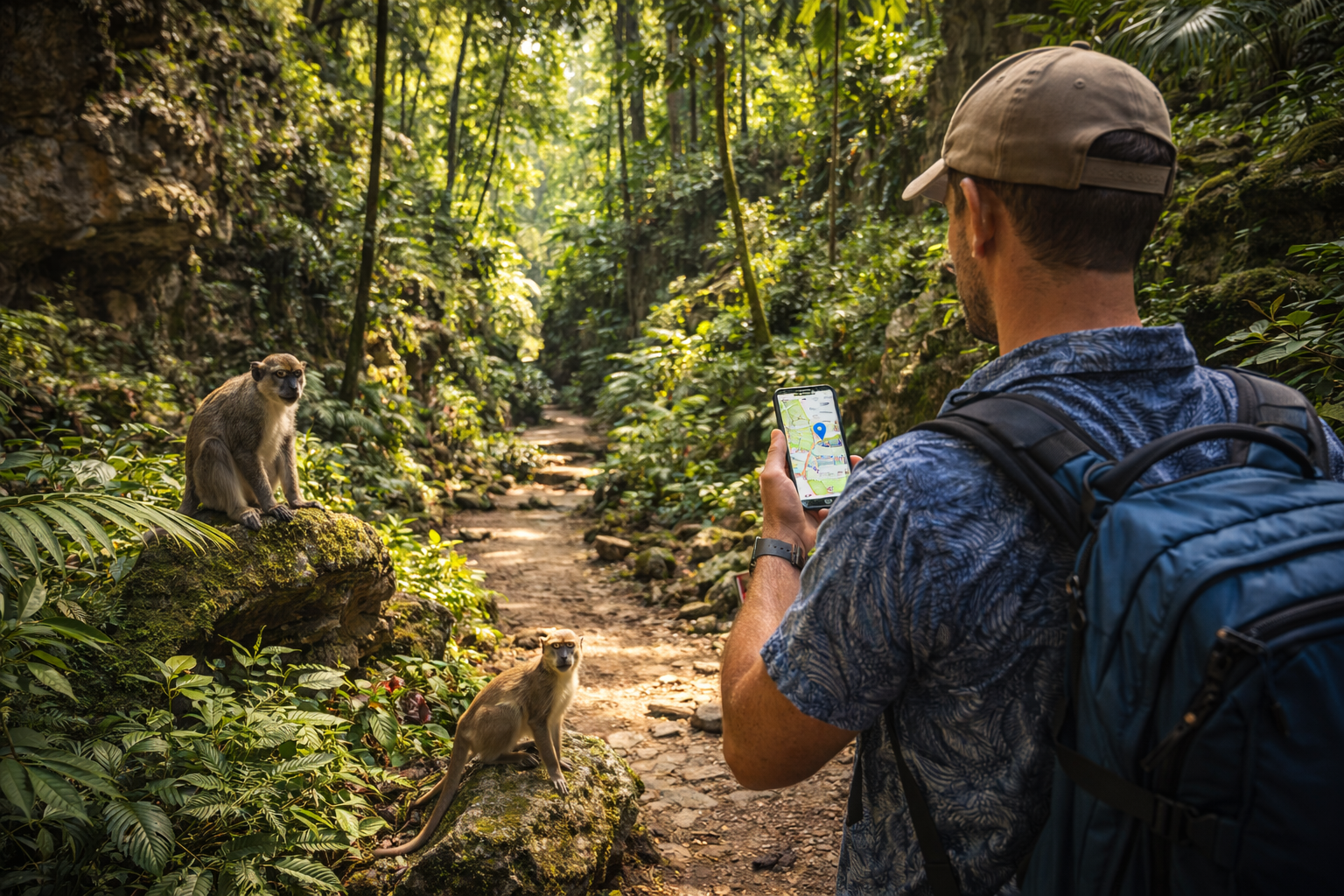 Welchman Hall Gully alle Barbados: un turista usa internet eSIM sullo smartphone