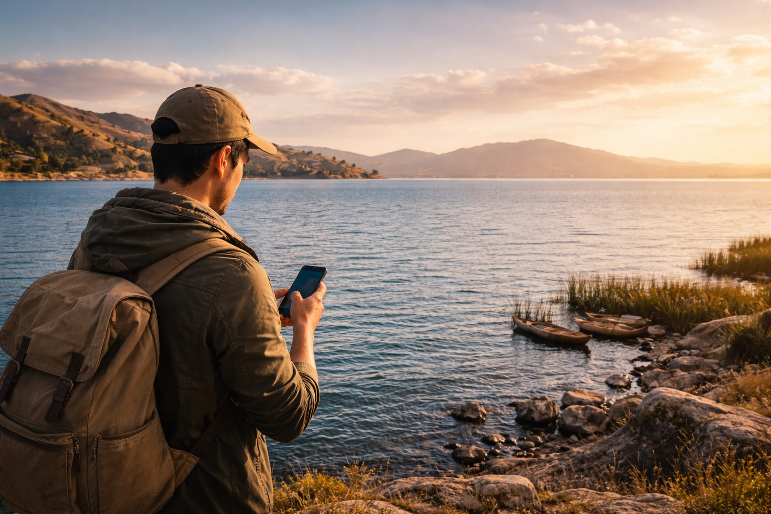 אגם טיטיקקה בבוליביה עם פני מים רחבים, גבעות מרוחקות ונוסע שמשתמש ב-eSIM בסמארטפון ליד החוף.