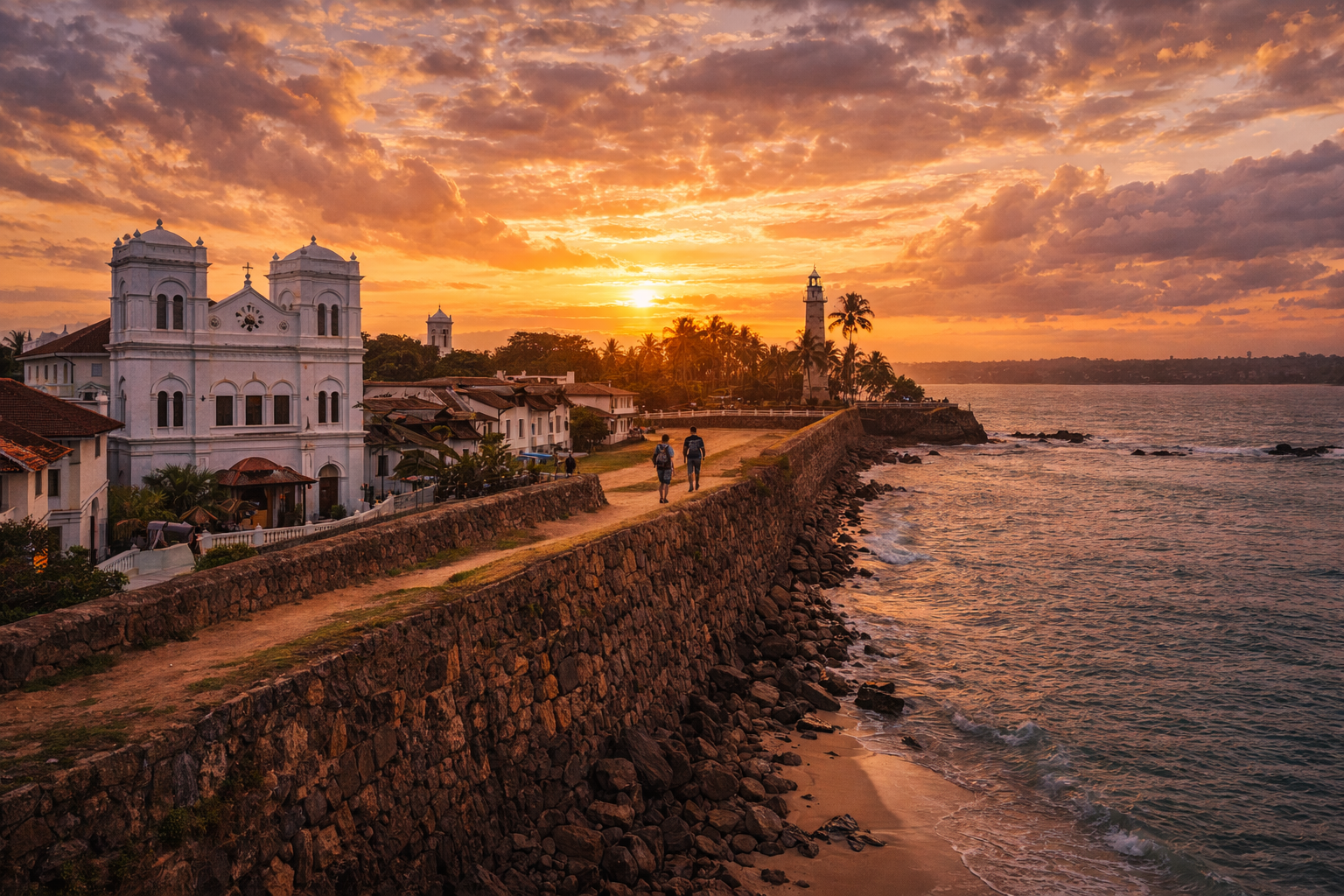 Colonial architecture and the fort walls of Galle on Sri Lanka’s coast.