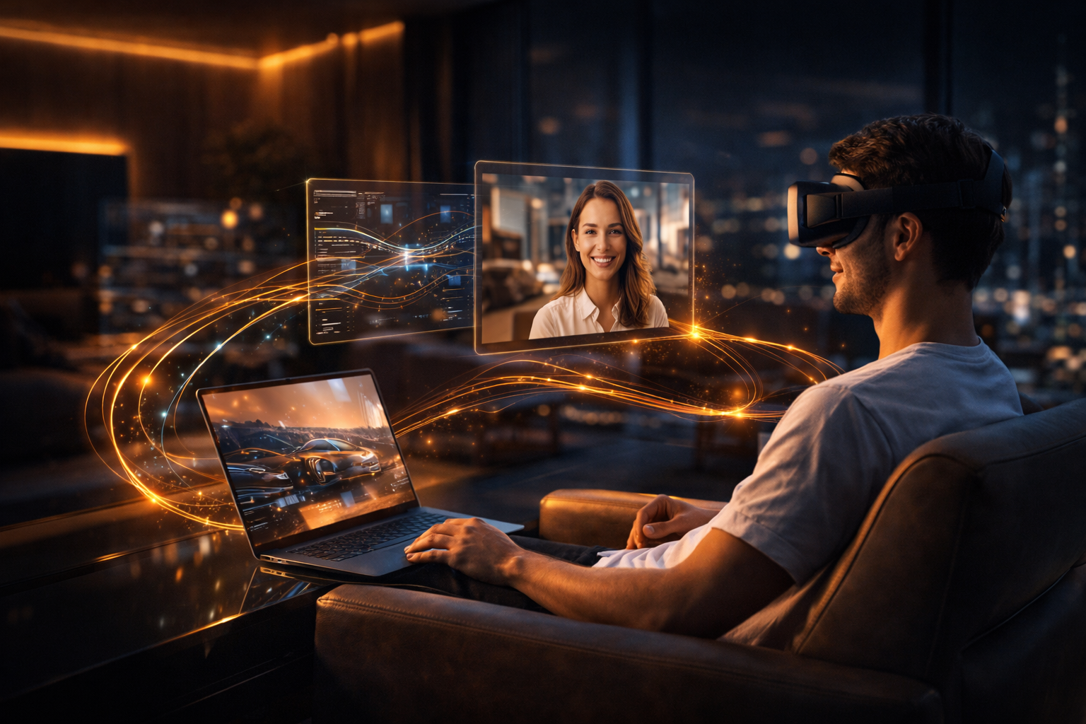 A user with VR, video calling, and instant content downloads on a 6G network