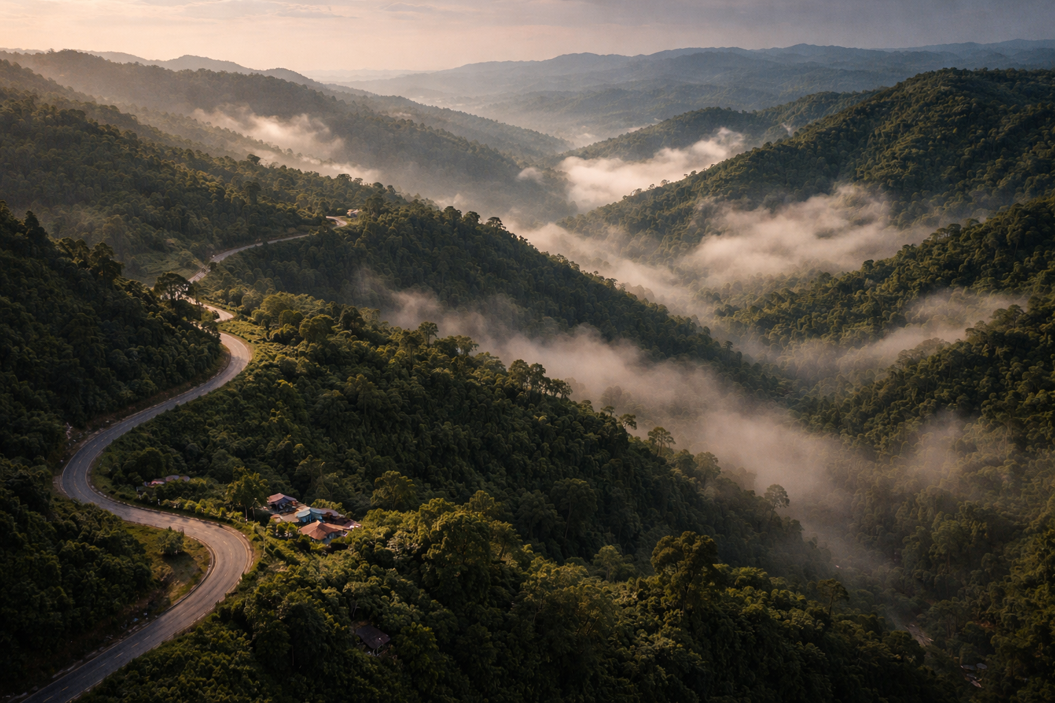 אזור ההרים של בנדרבאן עם ערפל, כבישים מתפתלים וגבעות ירוקות
