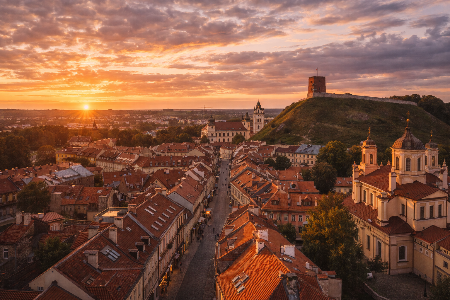 Vilnius Old Town with Gediminas’ Tower and the red roofs of historic buildings