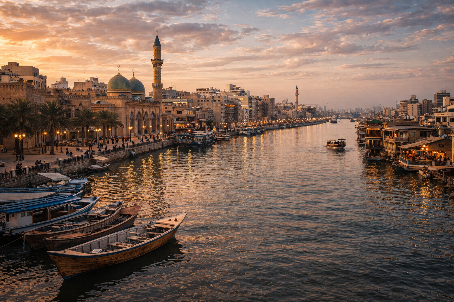 Ciudad de Basora junto al agua con paseo marítimo e infraestructura urbana