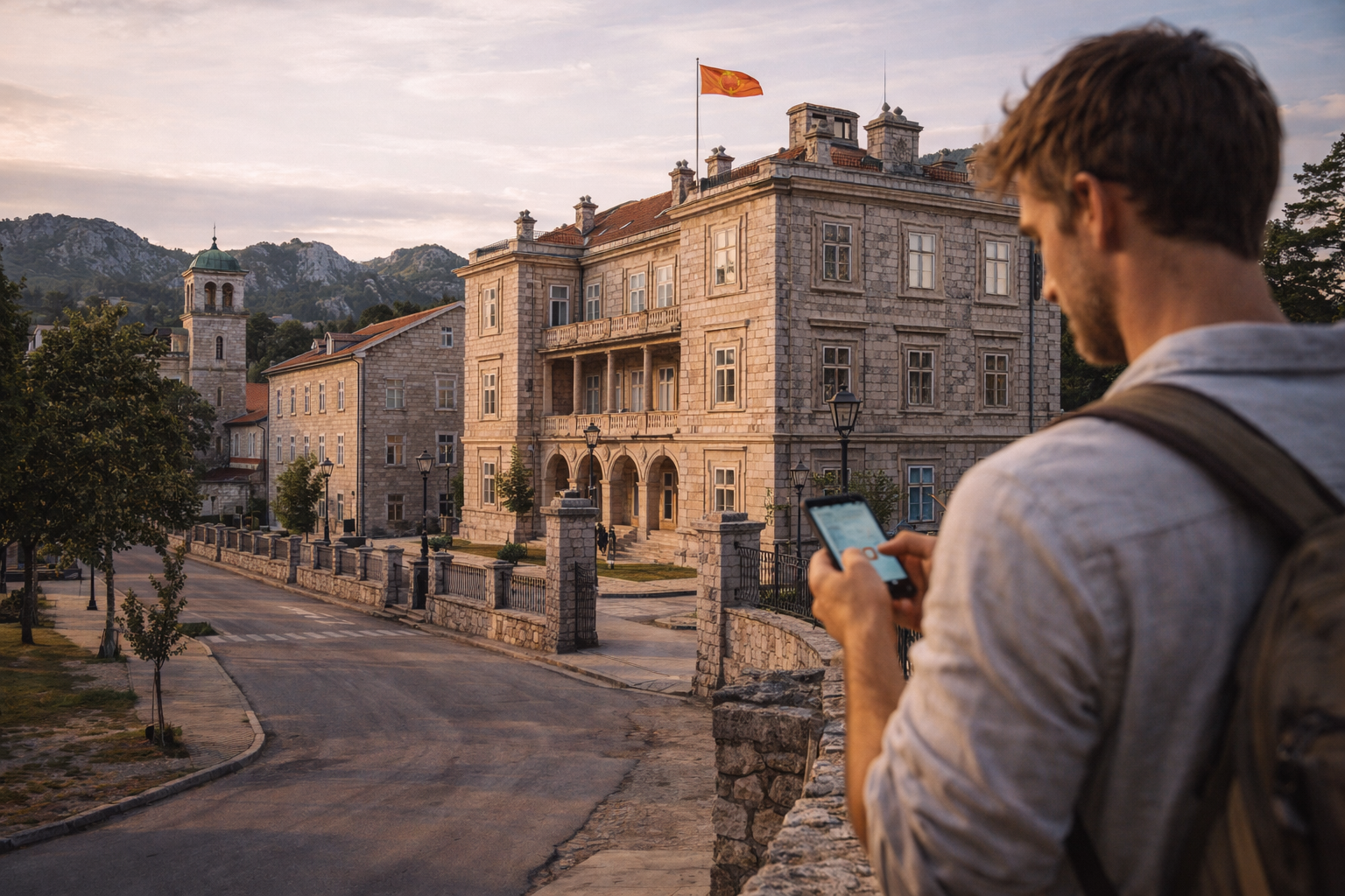 Cetinje historic center and a tourist with a smartphone