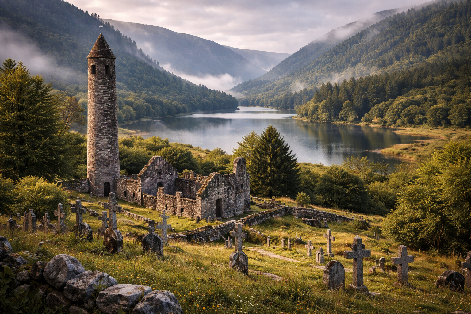 גלנדלוך באירלנד עם חורבות מנזר, אגמים, מדרונות מיוערים ואווירה שקטה של עמק קרחוני.