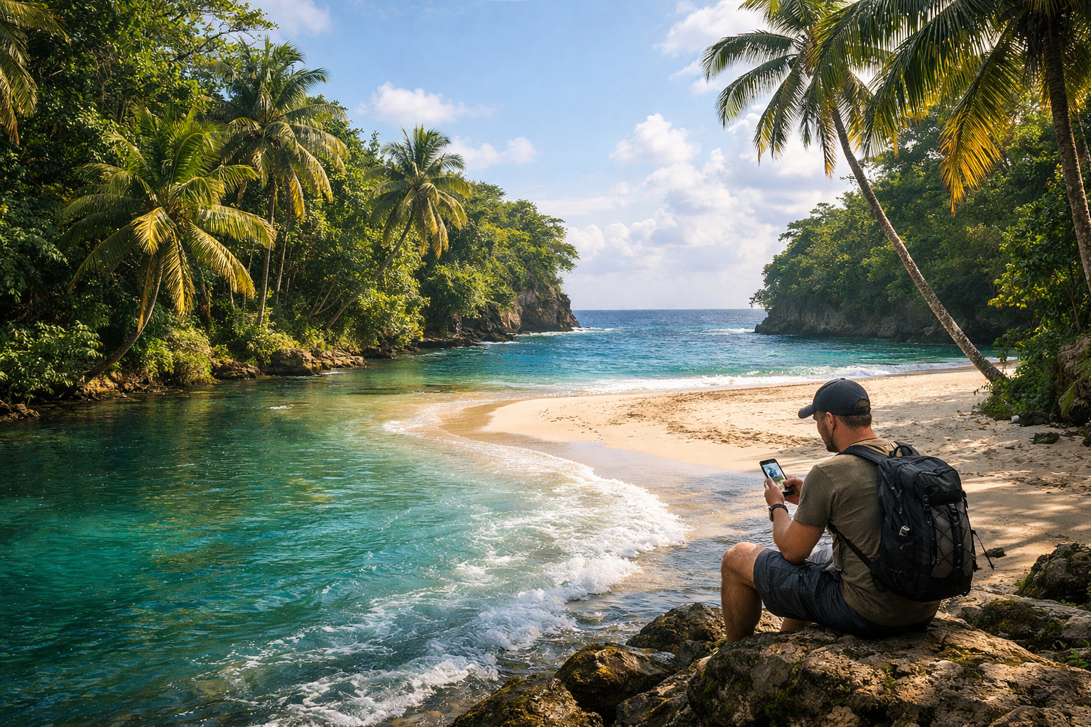Frenchman’s Cove, river flowing into the sea, a tourist in the background checking a map on a smartphone