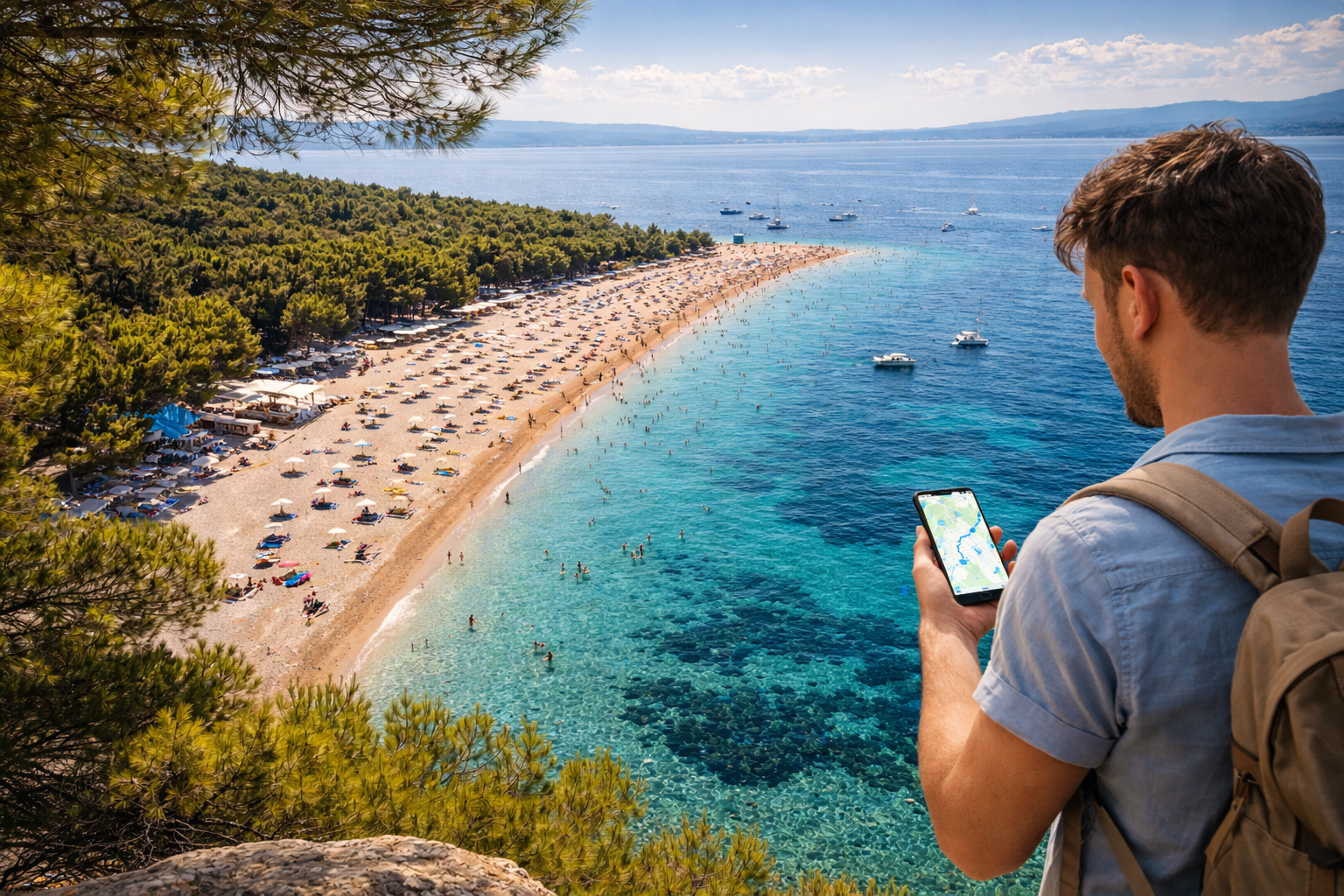 I turisti sulla spiaggia Zlatni Rat in Croazia usano uno smartphone con Internet eSIM