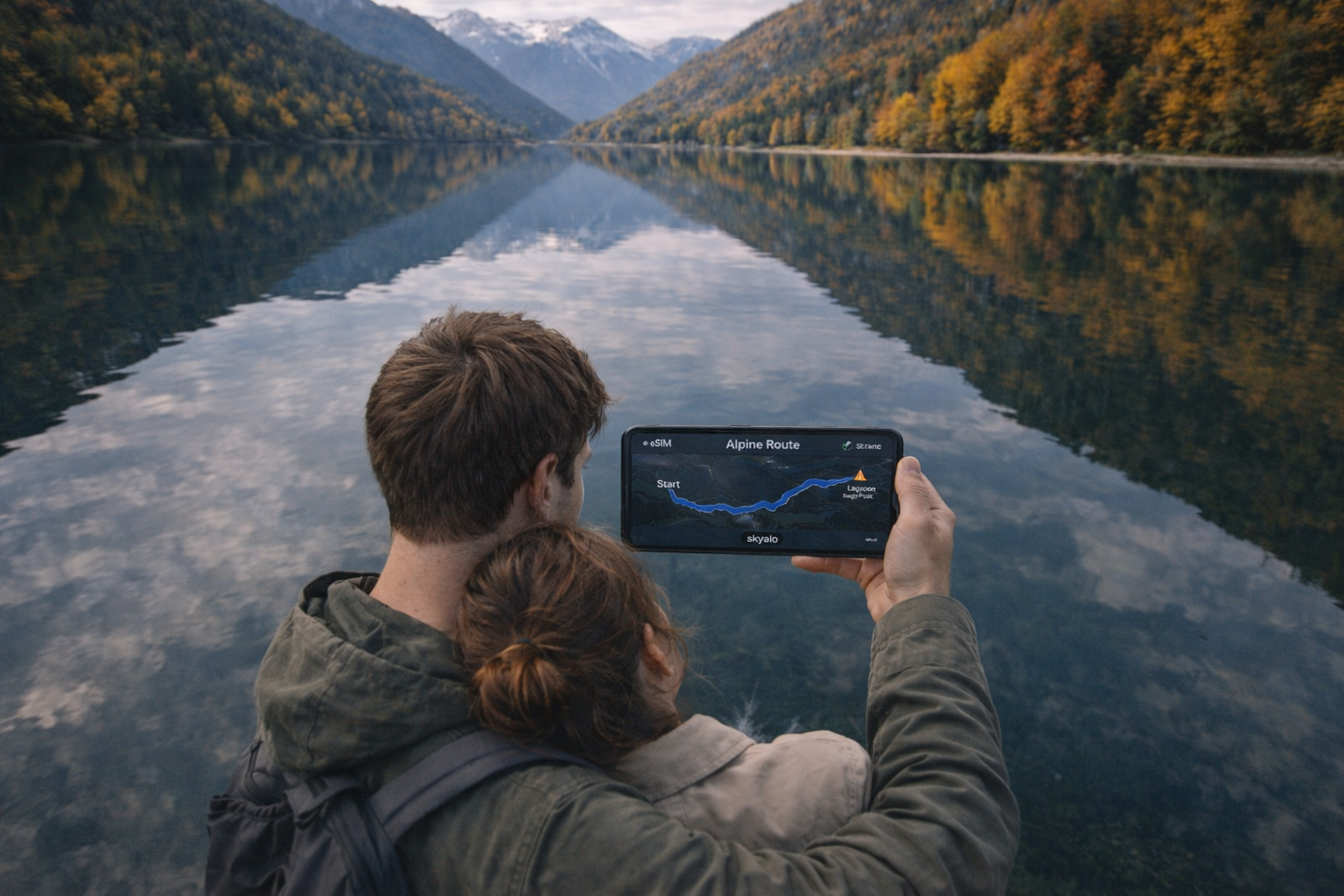 A route by Lake Zell am See on a smartphone with an eSIM for traveling in Austria