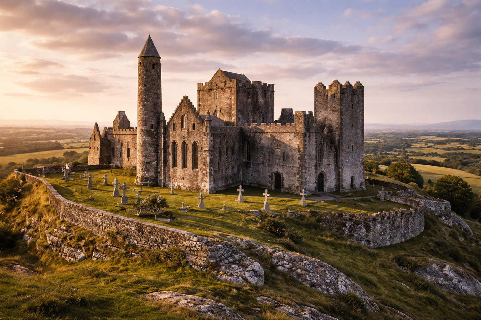 סלע קאשל באירלנד עם מגדל, מבנים מימי הביניים, גבעה ירוקה ושמים פתוחים.